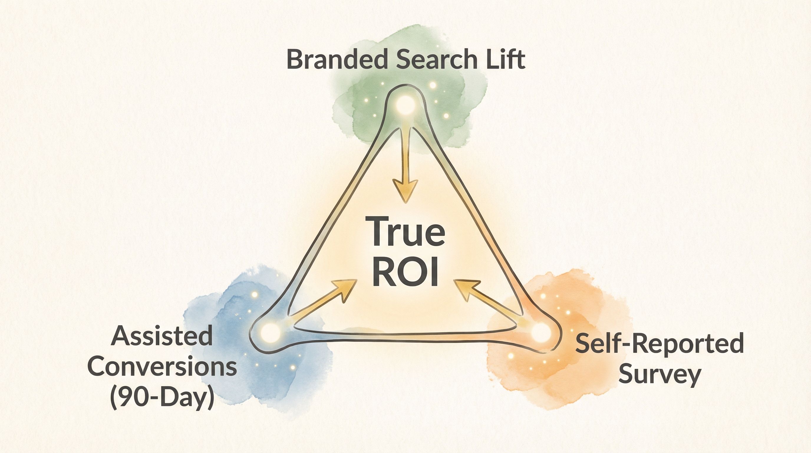 The Invisible Revenue Triangle showing three attribution signals pointing to True ROI: Branded Search Lift at top, Assisted Conversions 90-Day at bottom left, and Self-Reported Survey at bottom right