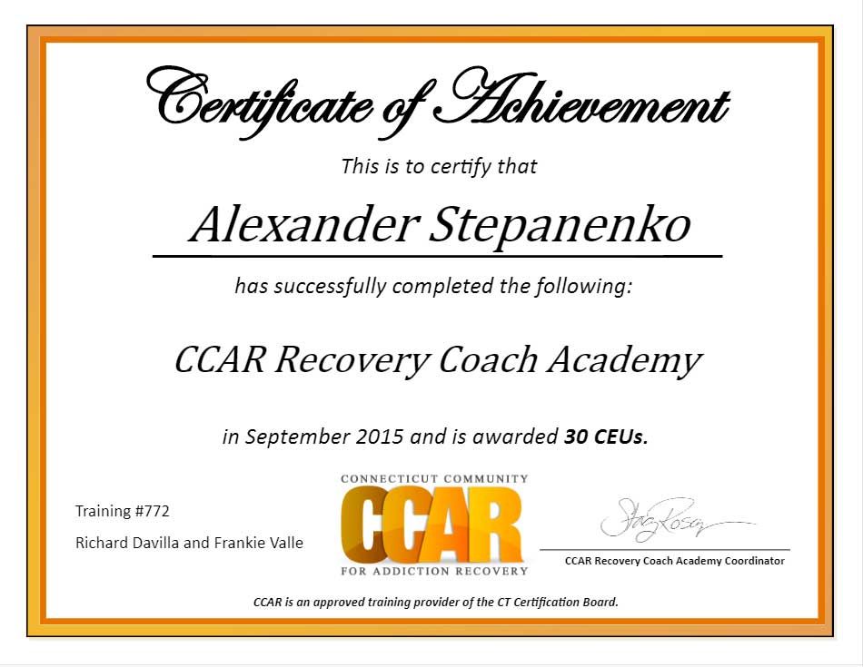 Certificate of achievement CCAR Recovery Coach Academy Alexander Stepanenko