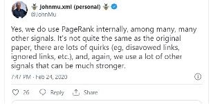 Screen postu z twittera autorstwa Johna Mullera potwierdzający, że Google wykorzystuje po dziś dzień PageRank