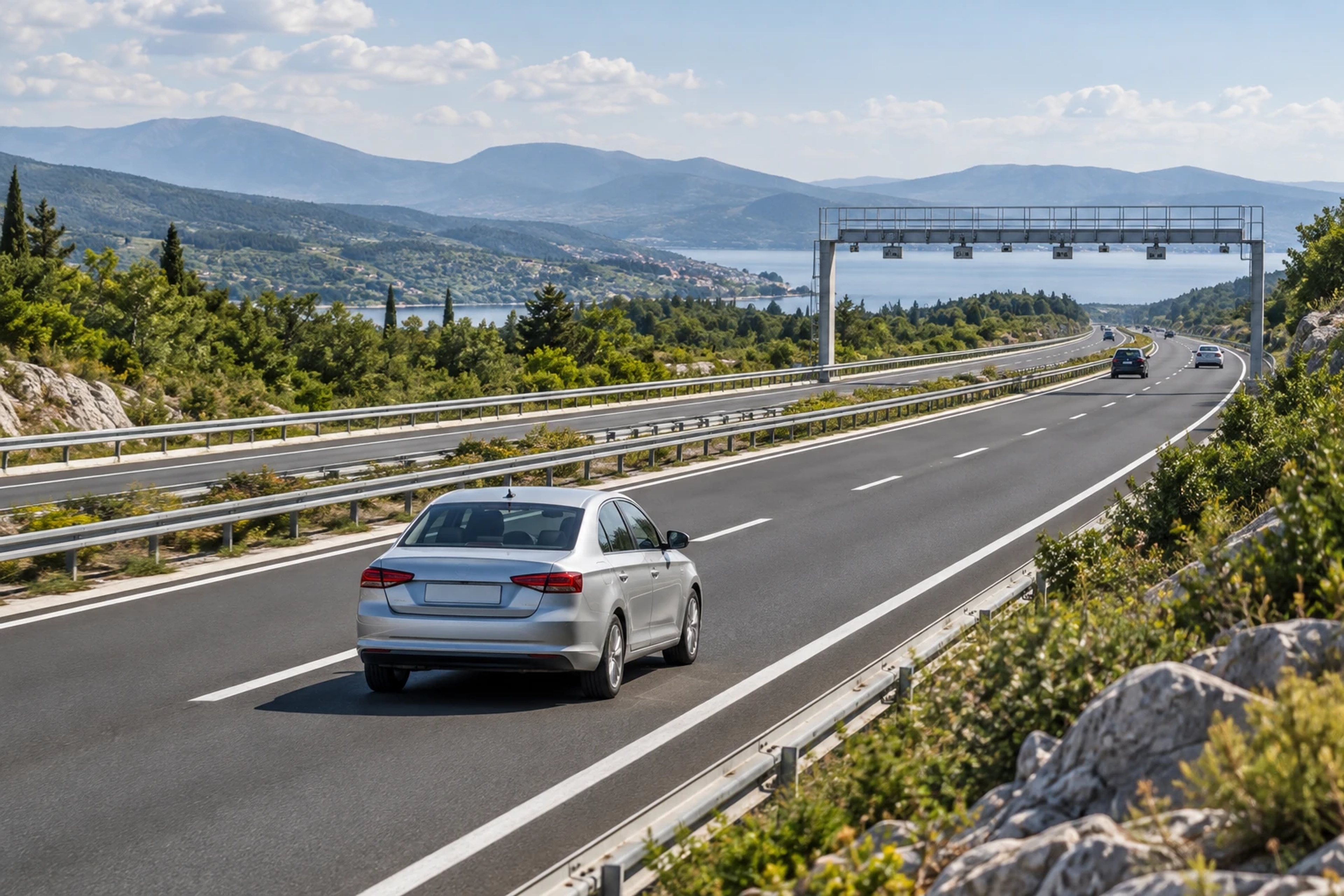 Ilustrativni prikaz automobila na autocesti s elektroničkim portalom za naplatu cestarine.