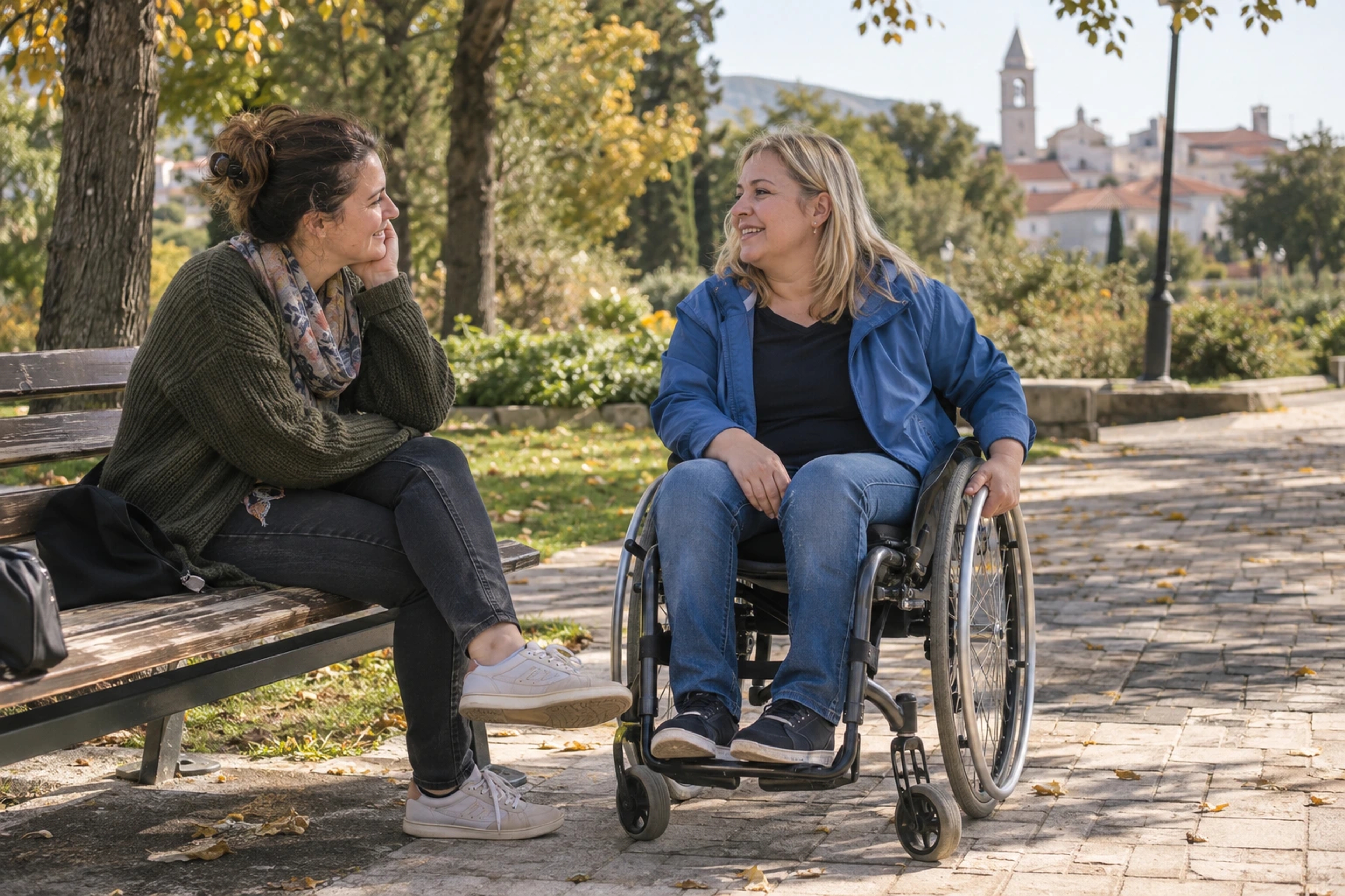 Žena u invalidskim kolicima i osobna asistentica u razgovoru na pristupačnoj šetnici