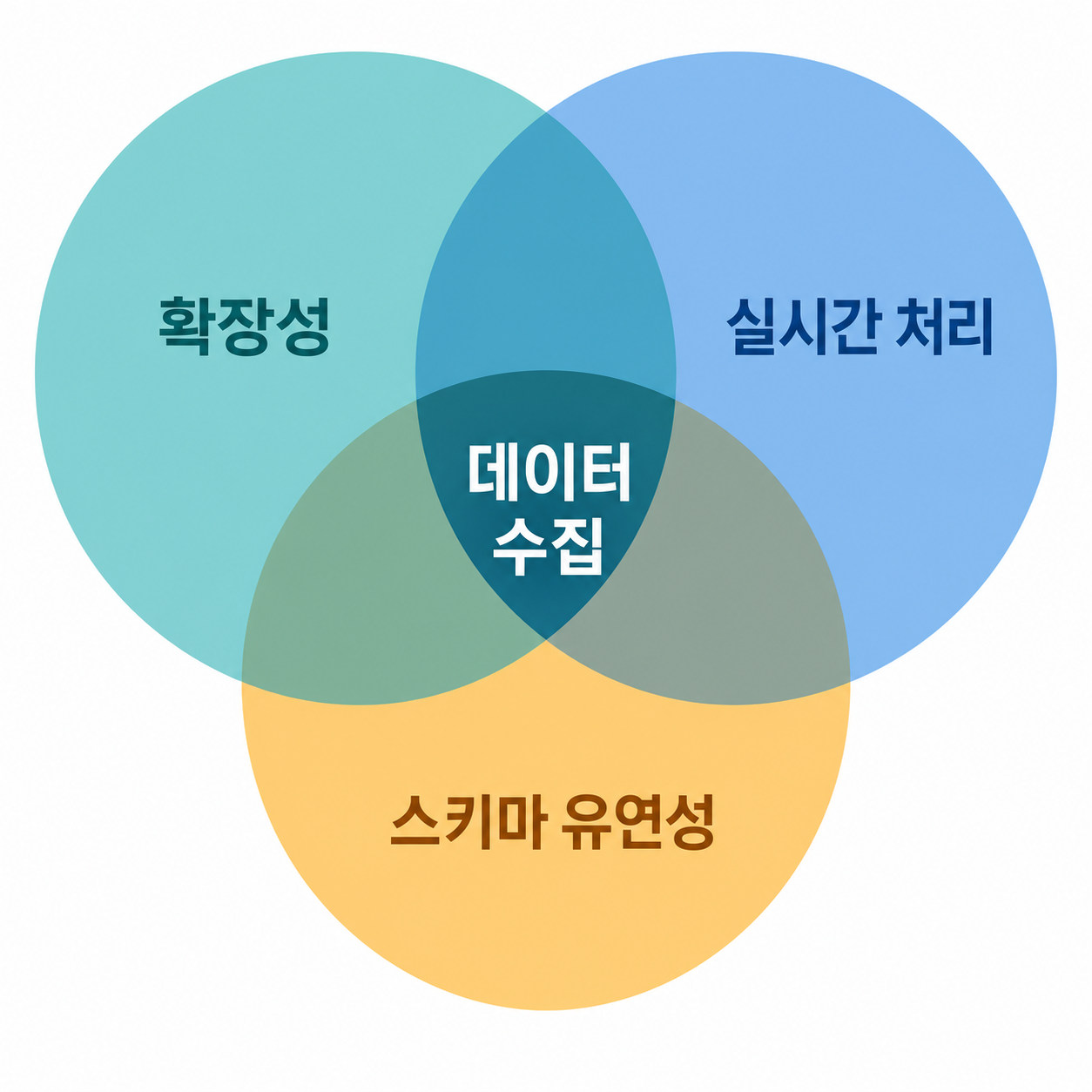 확장성, 실시간 처리, 스키마 유연성을 나타내는 벤 다이어그램으로, 세 영역이 교차하는 중심에 데이터 수집이 위치하여 엔터프라이즈 데이터 수집의 필수 요소를 시각화한 도표.