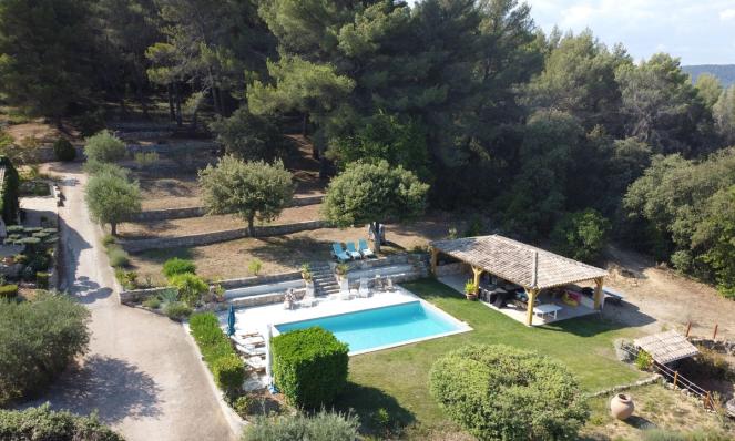 Piscine privée avec plage de baignade dans un cadre arboré