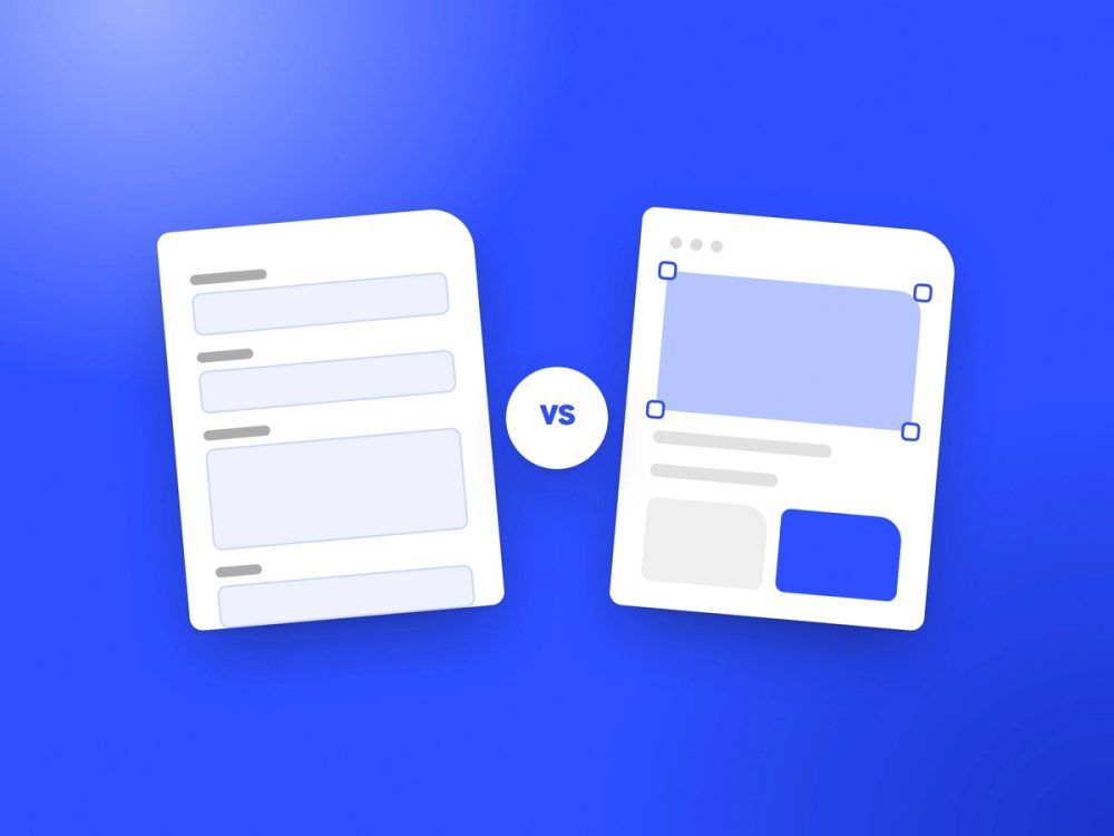 Illustration: structured content fields next to a visual builder canvas