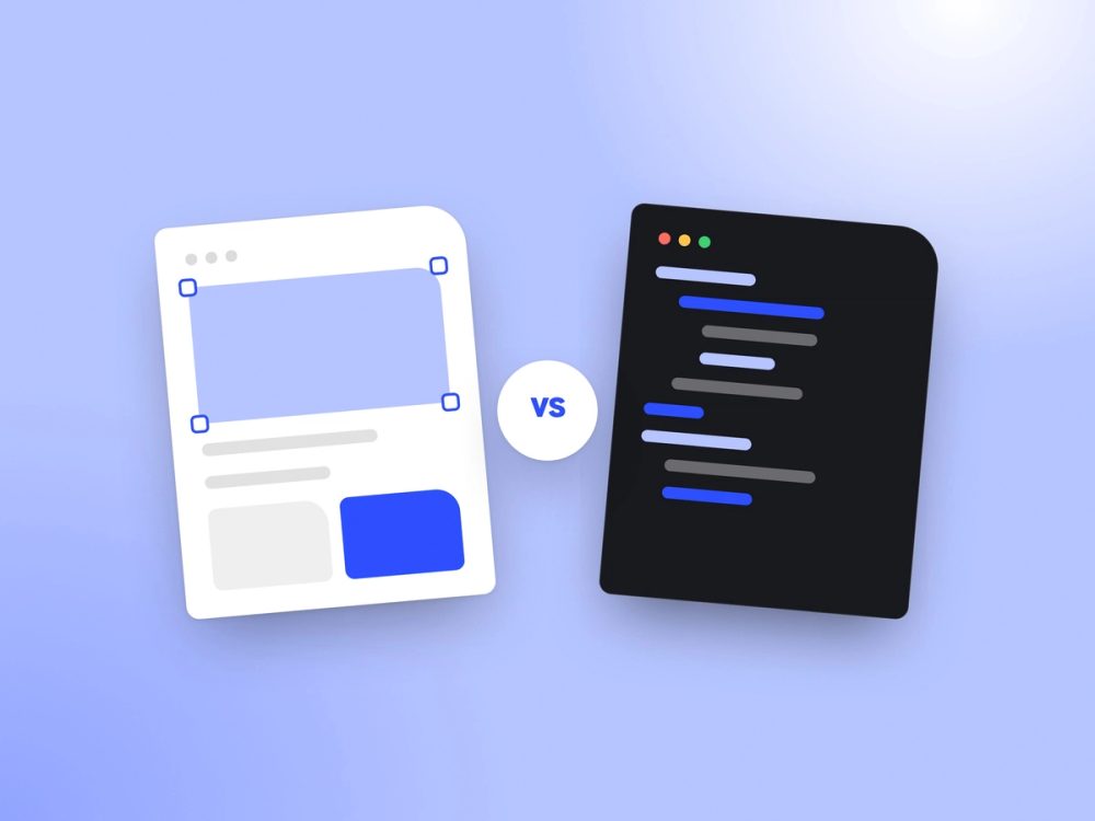 Illustration: a visual builder canvas next to code