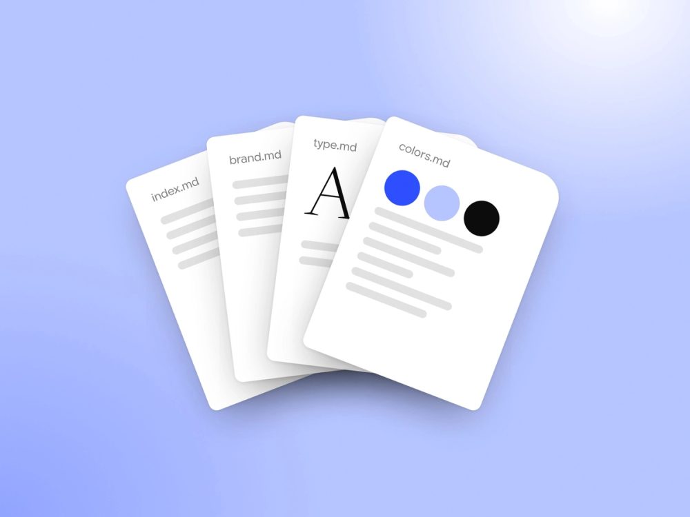 Illustration: four Markdown files fanned out, the front one showing the brand colours