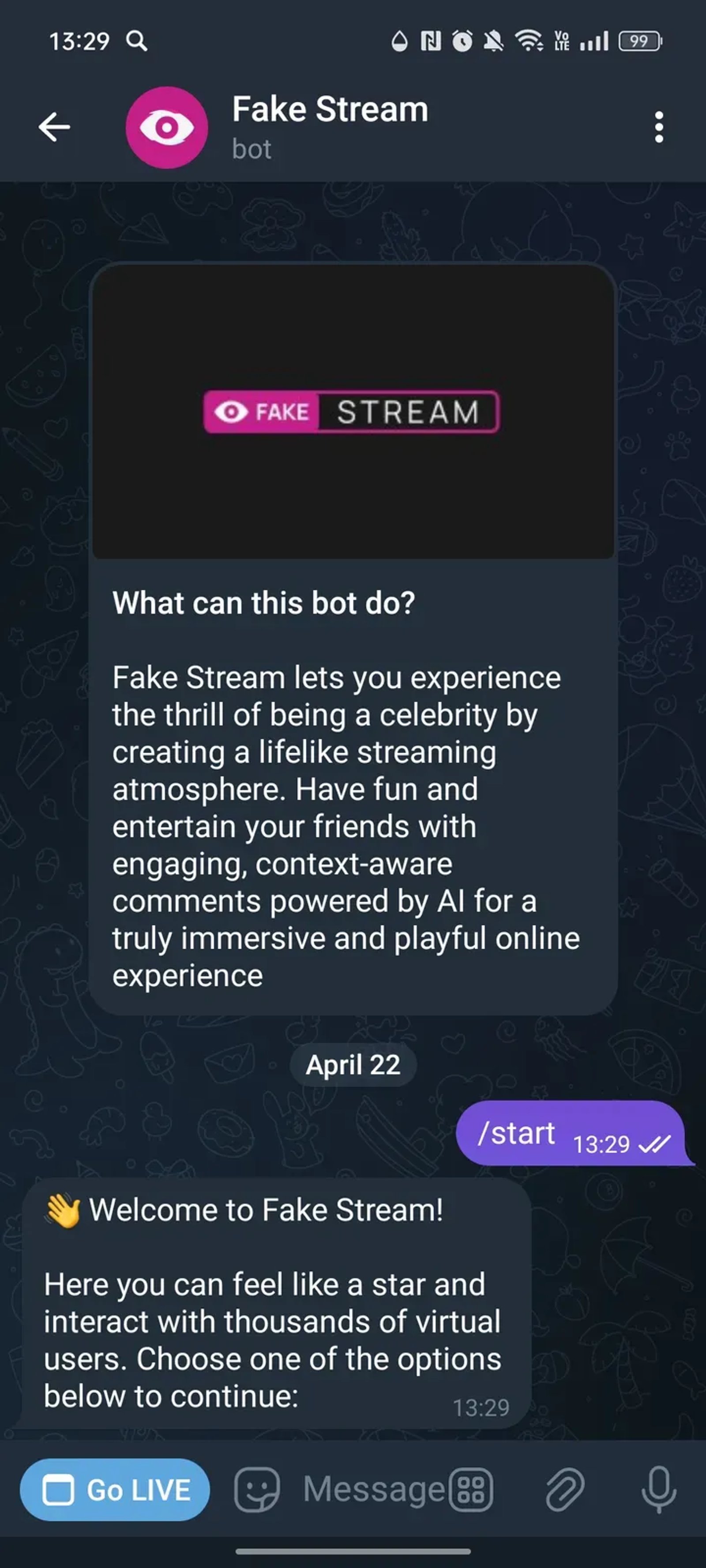 Fake Stream в Телеграм — скриншот 2