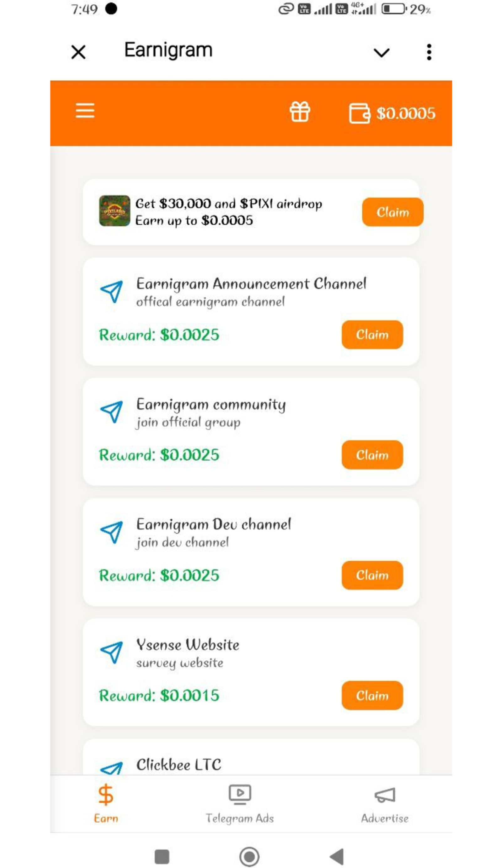 Earnigram в Телеграм — скриншот 1