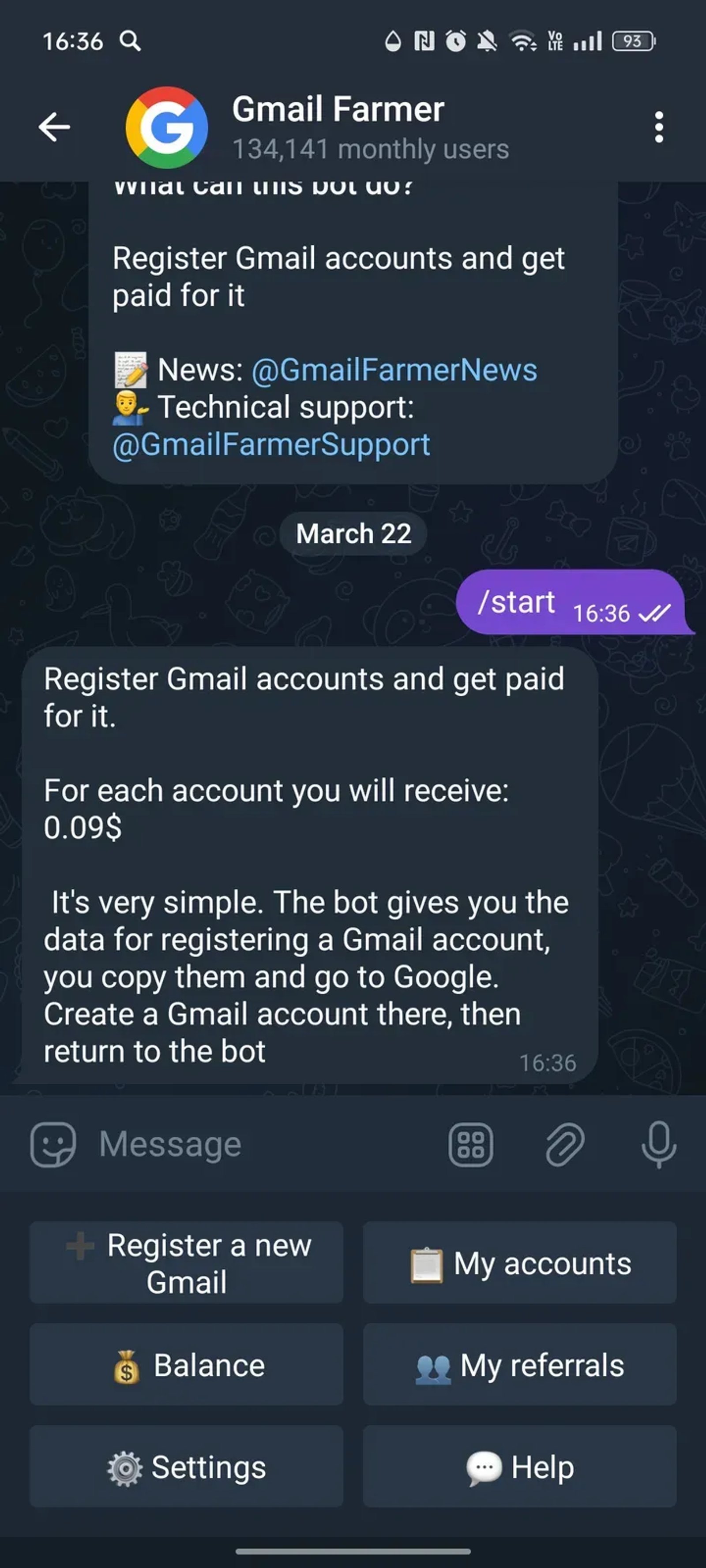 Gmail Farmer в Телеграм — скриншот 2