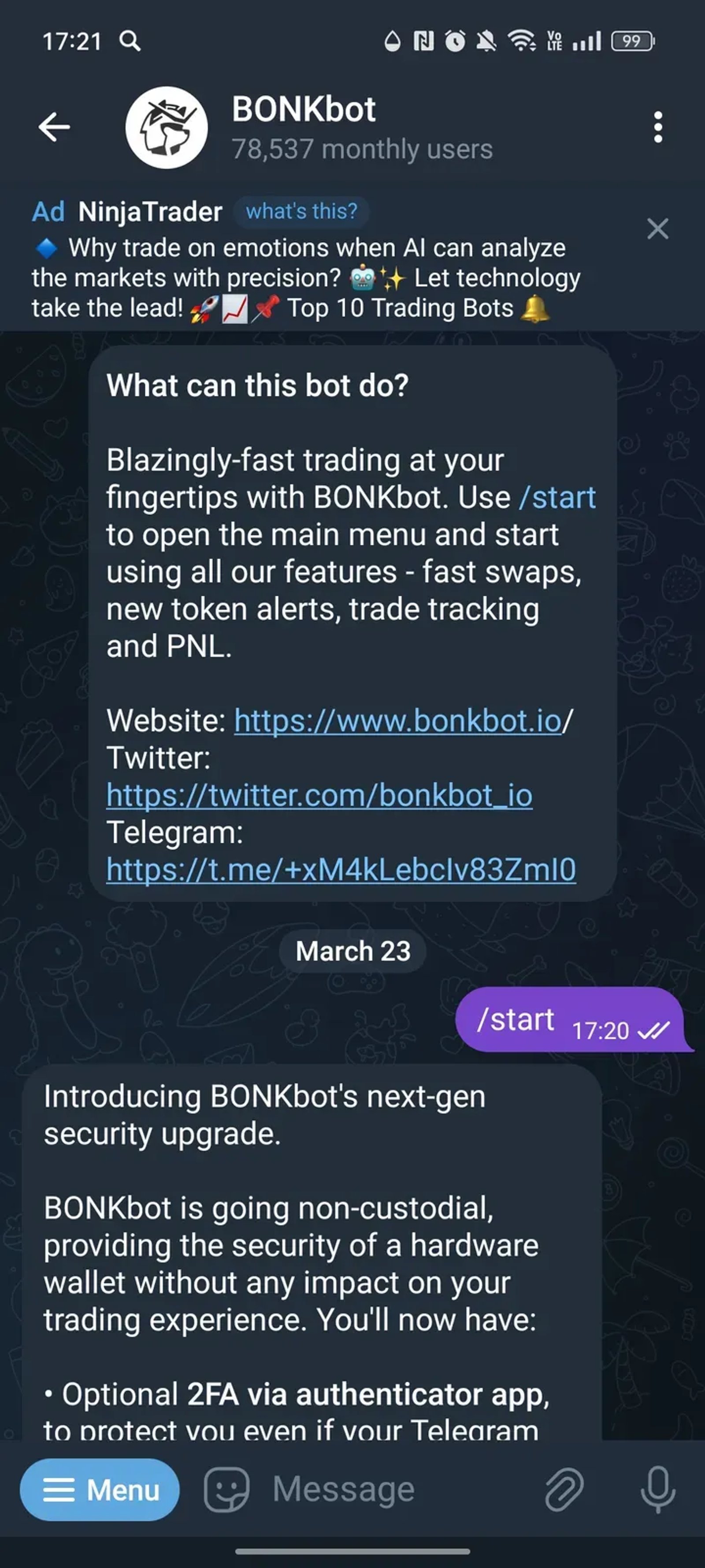 BONKbot в Телеграм — скриншот 1