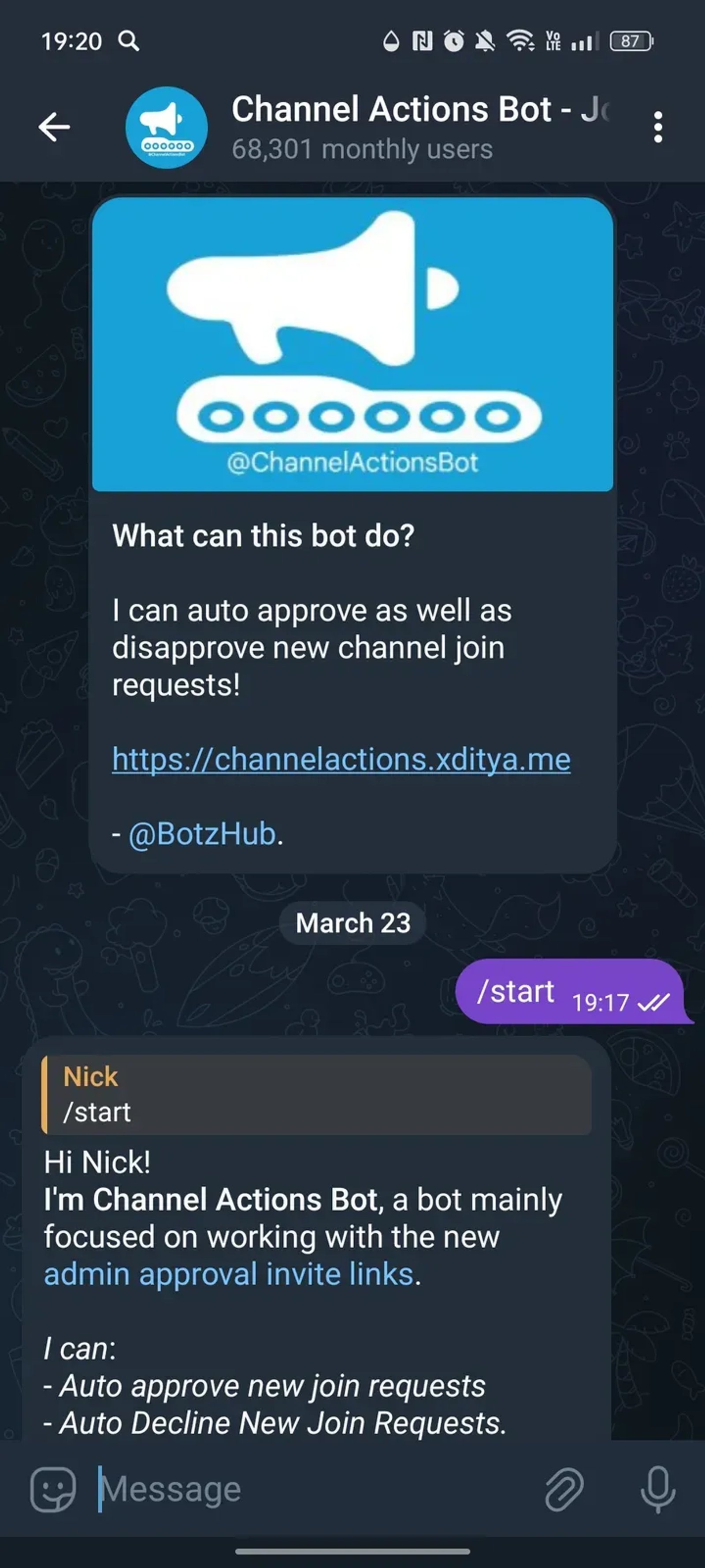 Channel Actions Bot - Join Approver (Auto Approve Join Requests) в Телеграм — скриншот 1