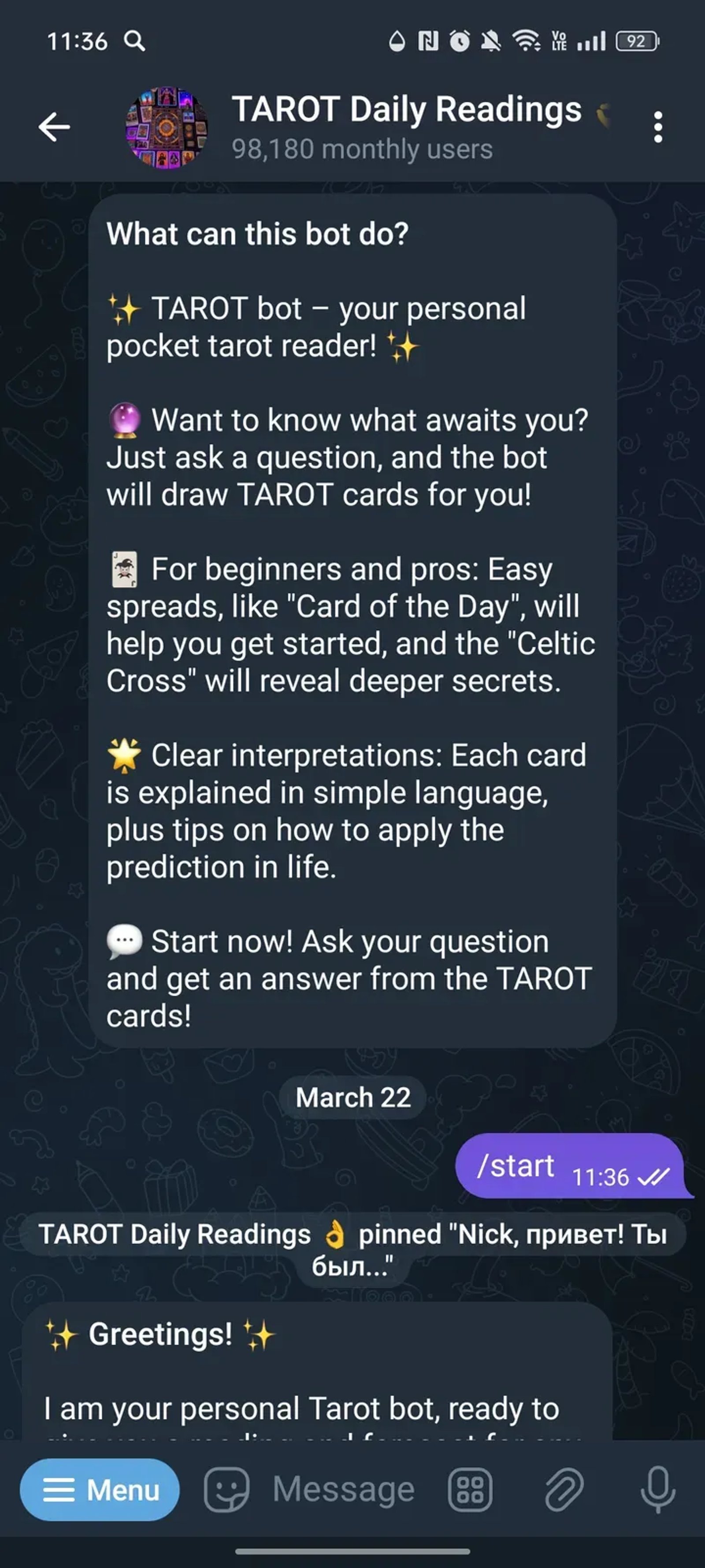 TAROT Daily Readings 👌 в Телеграм — скриншот 1
