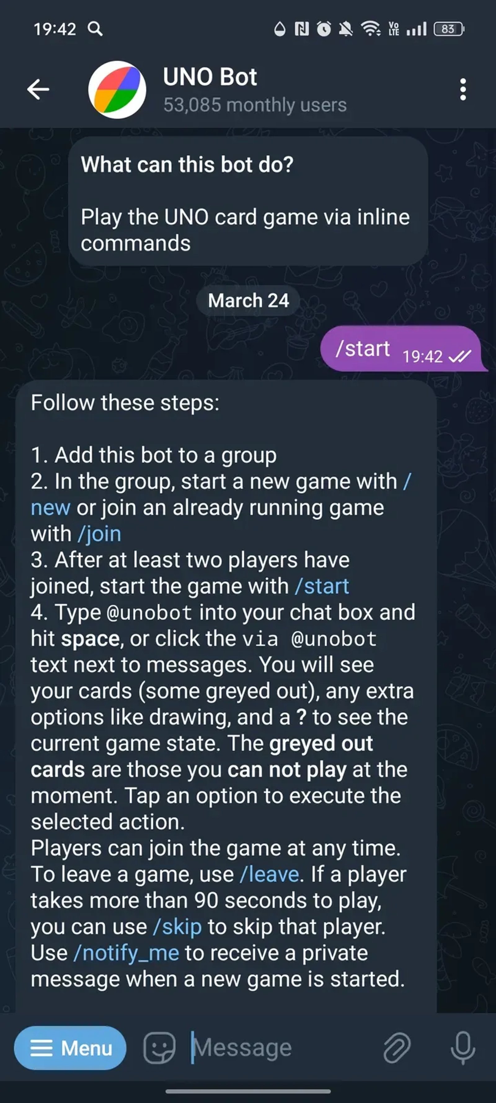 UNO Bot в Телеграм — скриншот 1