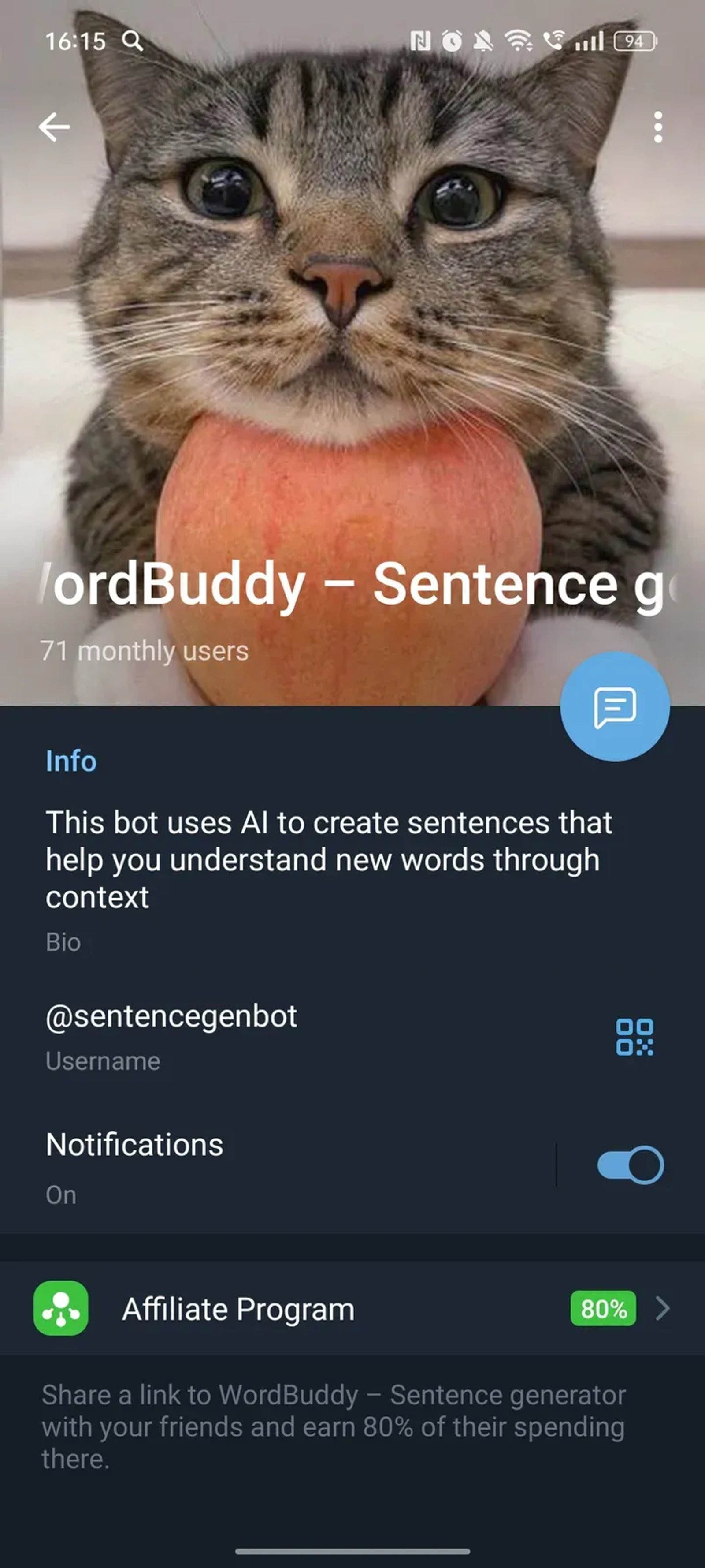 Sentence Generator в Телеграм — скриншот 4