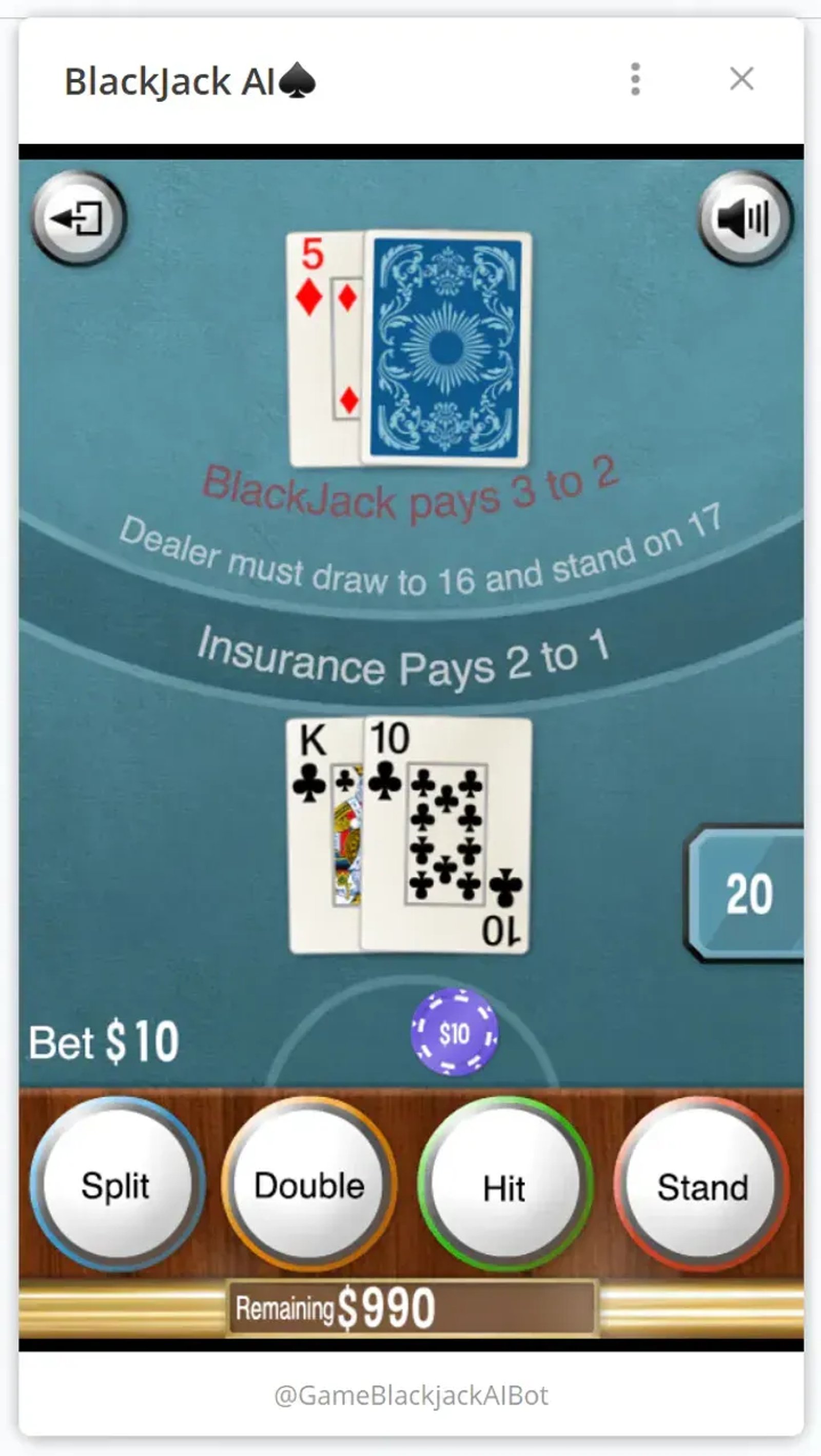 BlackJack AI♠ в Телеграм — скриншот 1