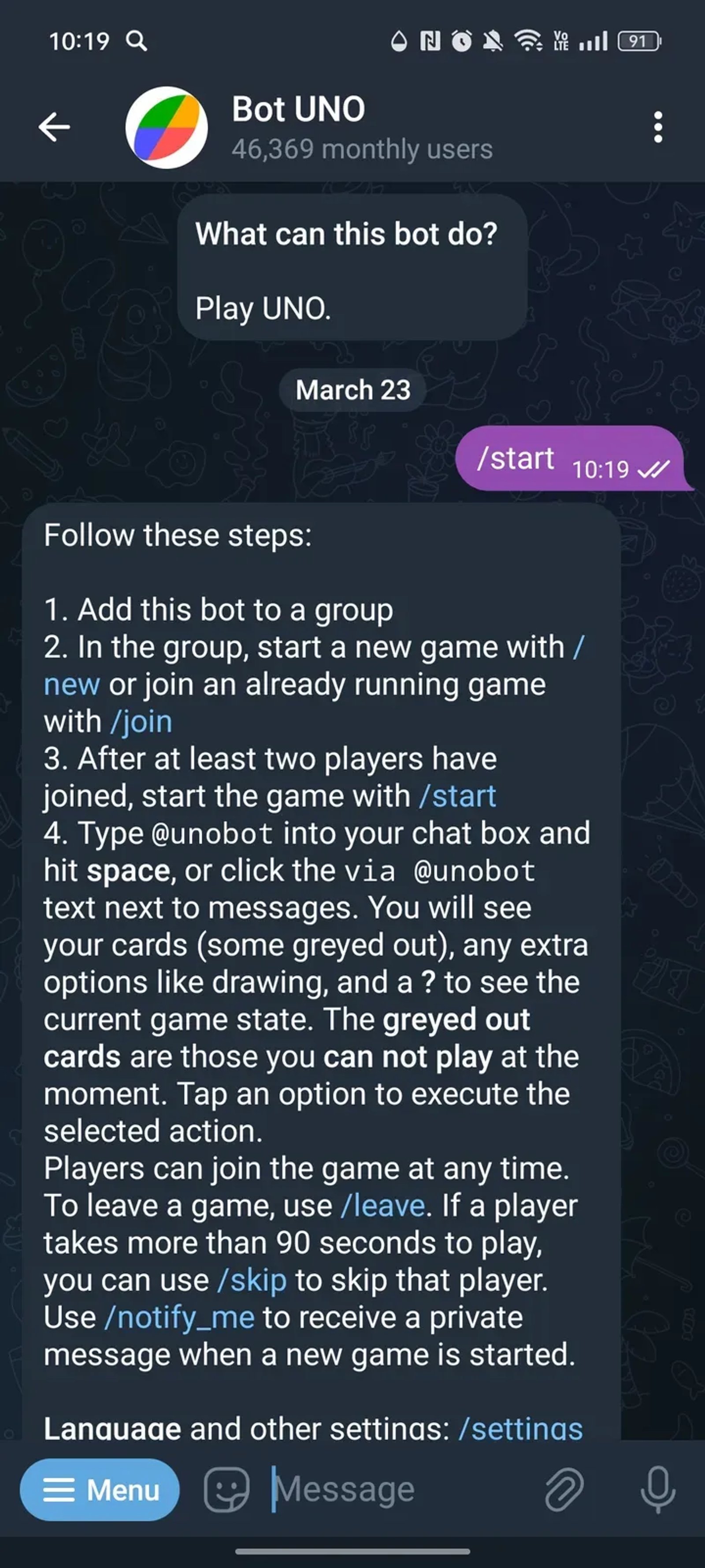 Bot UNO в Телеграм — скриншот 1