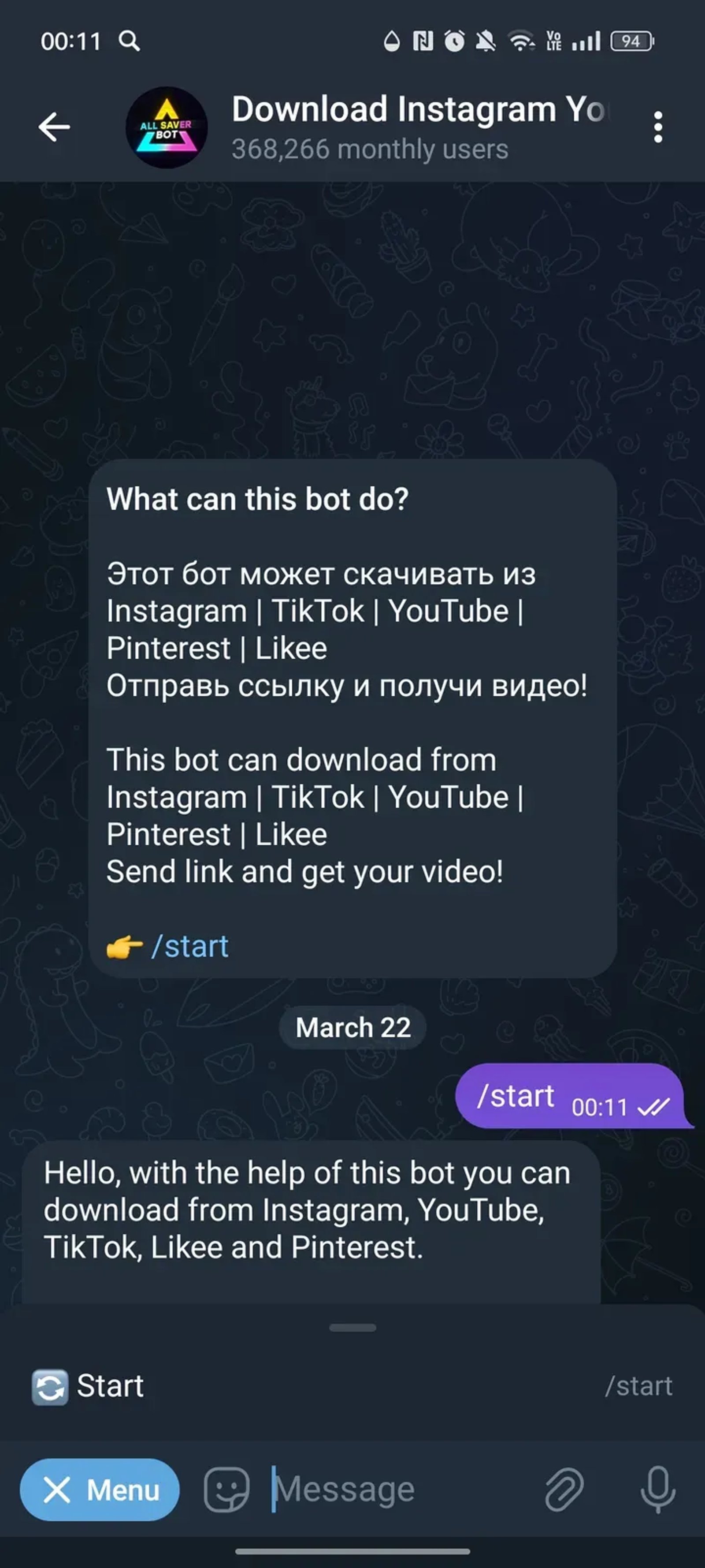 Download YouTube ТикТок Instagram в Телеграм — скриншот 2