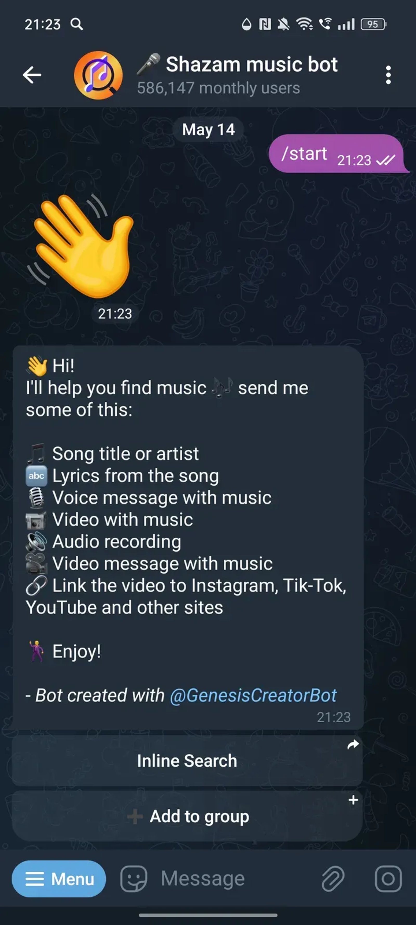 🎤︎ Shazam music bot в Телеграм — скриншот 2