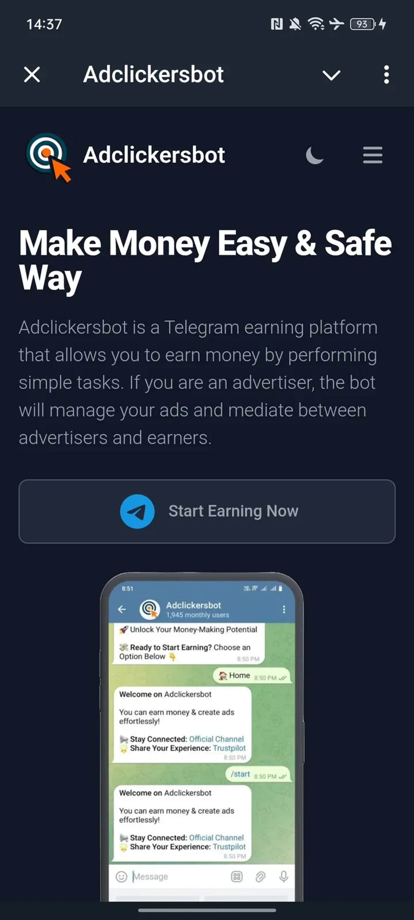 Adclickersbot в Телеграм — скриншот 1