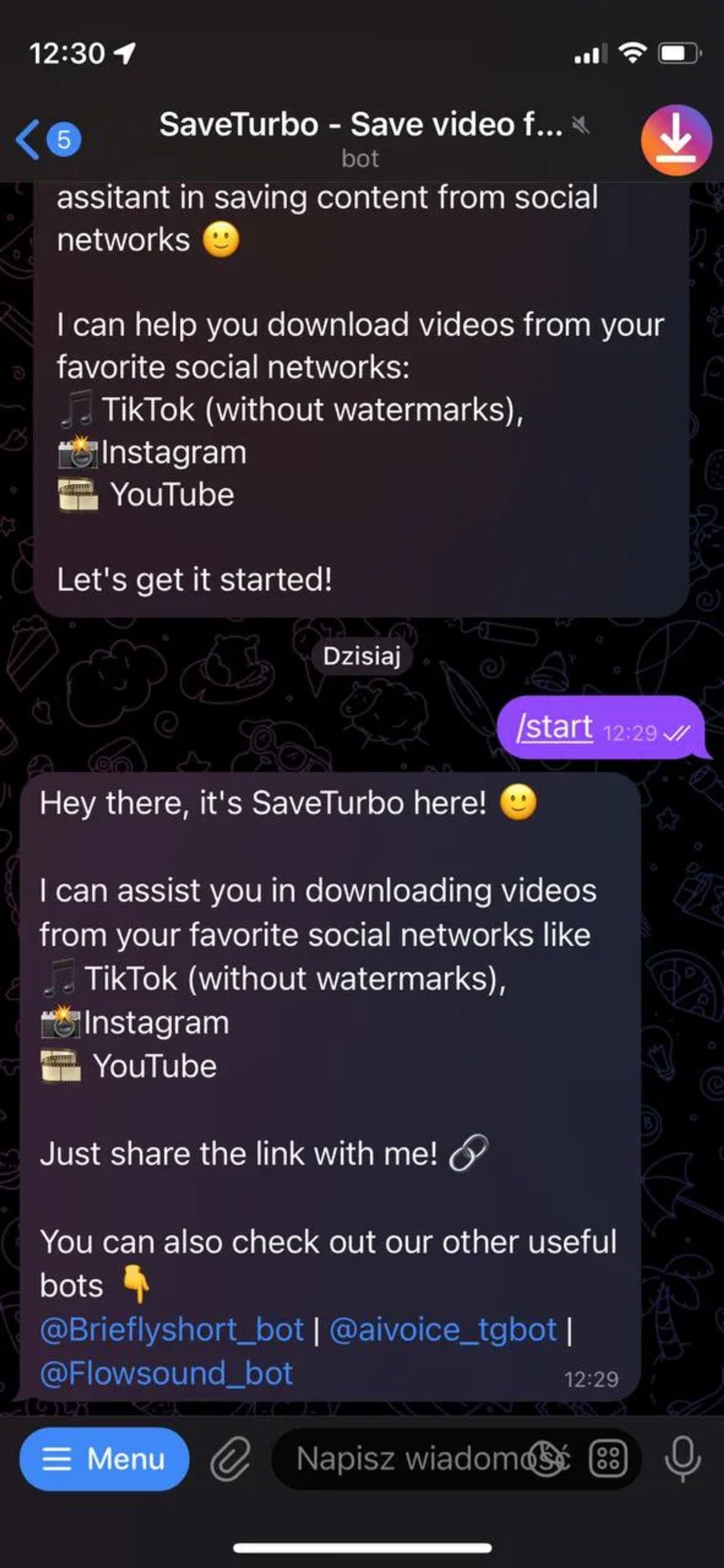 SaveTurbo - Save video from TikTok, Instagram, YouTube ⚡️ в Телеграм — скриншот 2