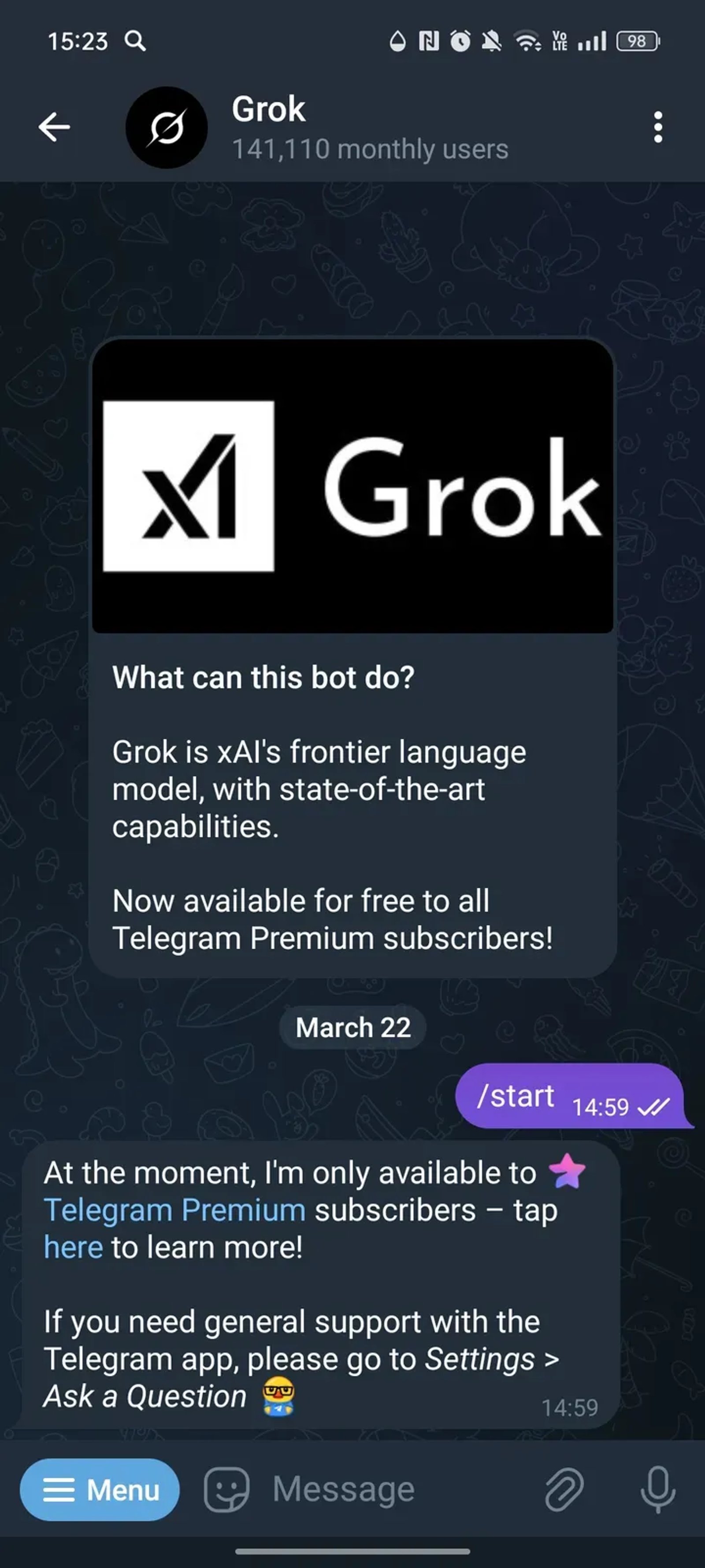 Grok в Телеграм — скриншот 1