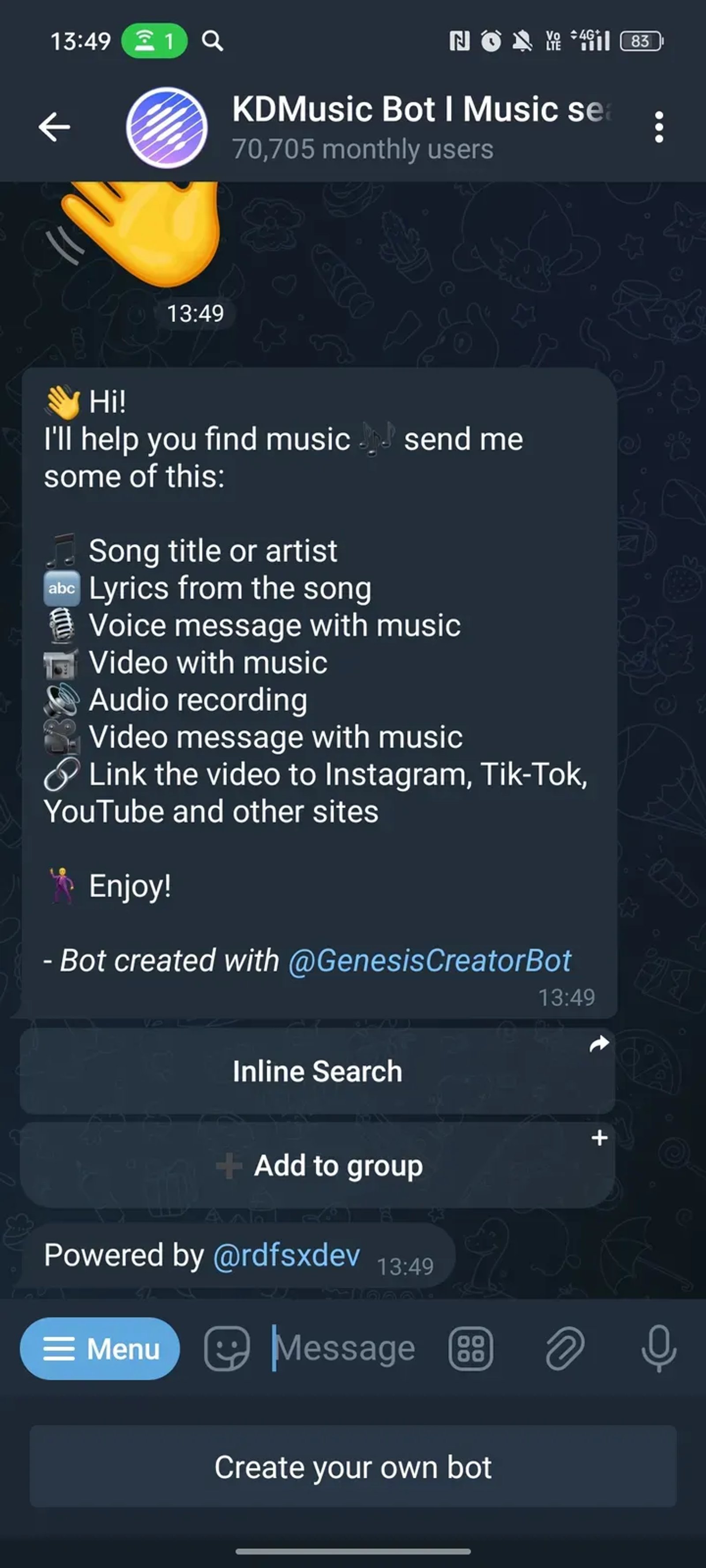 KDMusic Bot I Music search в Телеграм — скриншот 2