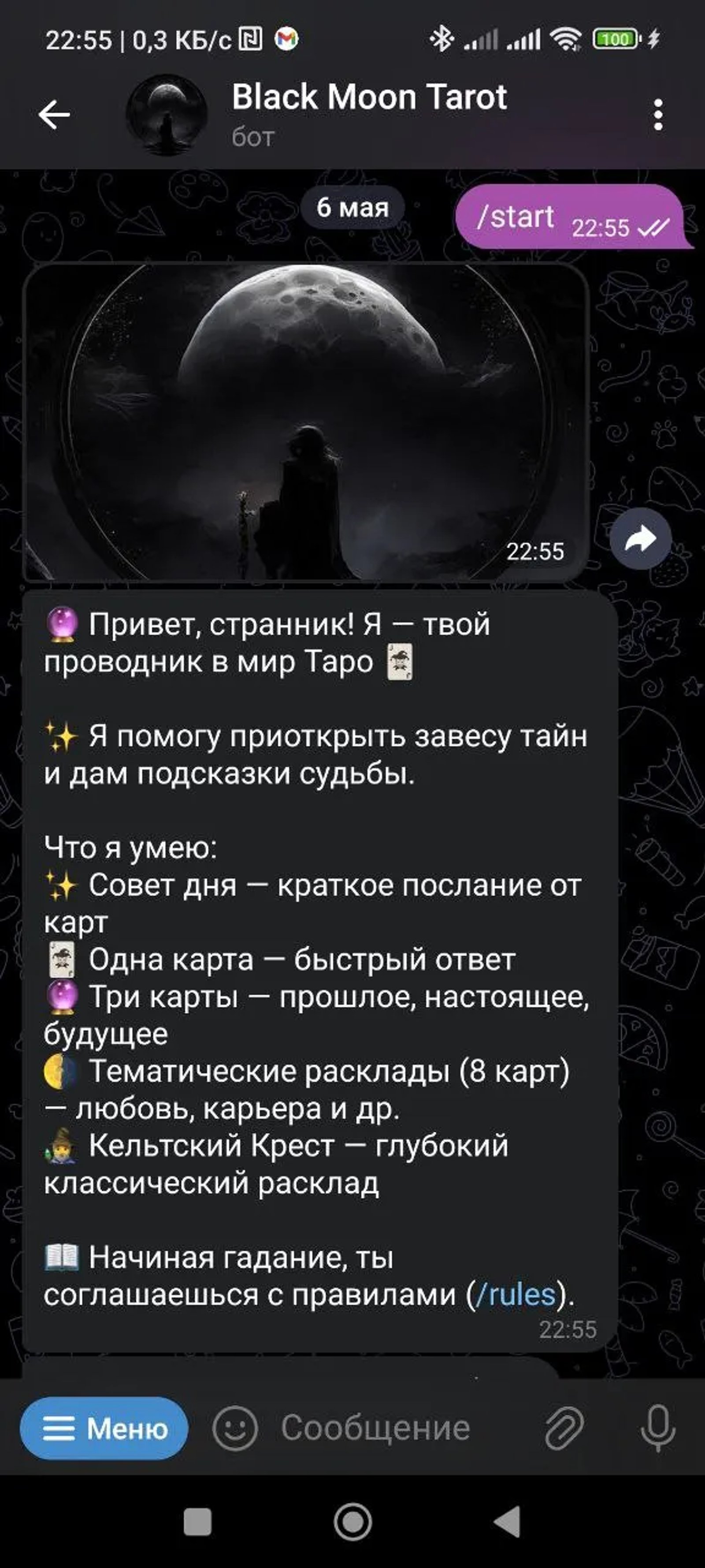 Black Moon Tarot в Телеграм — скриншот 1