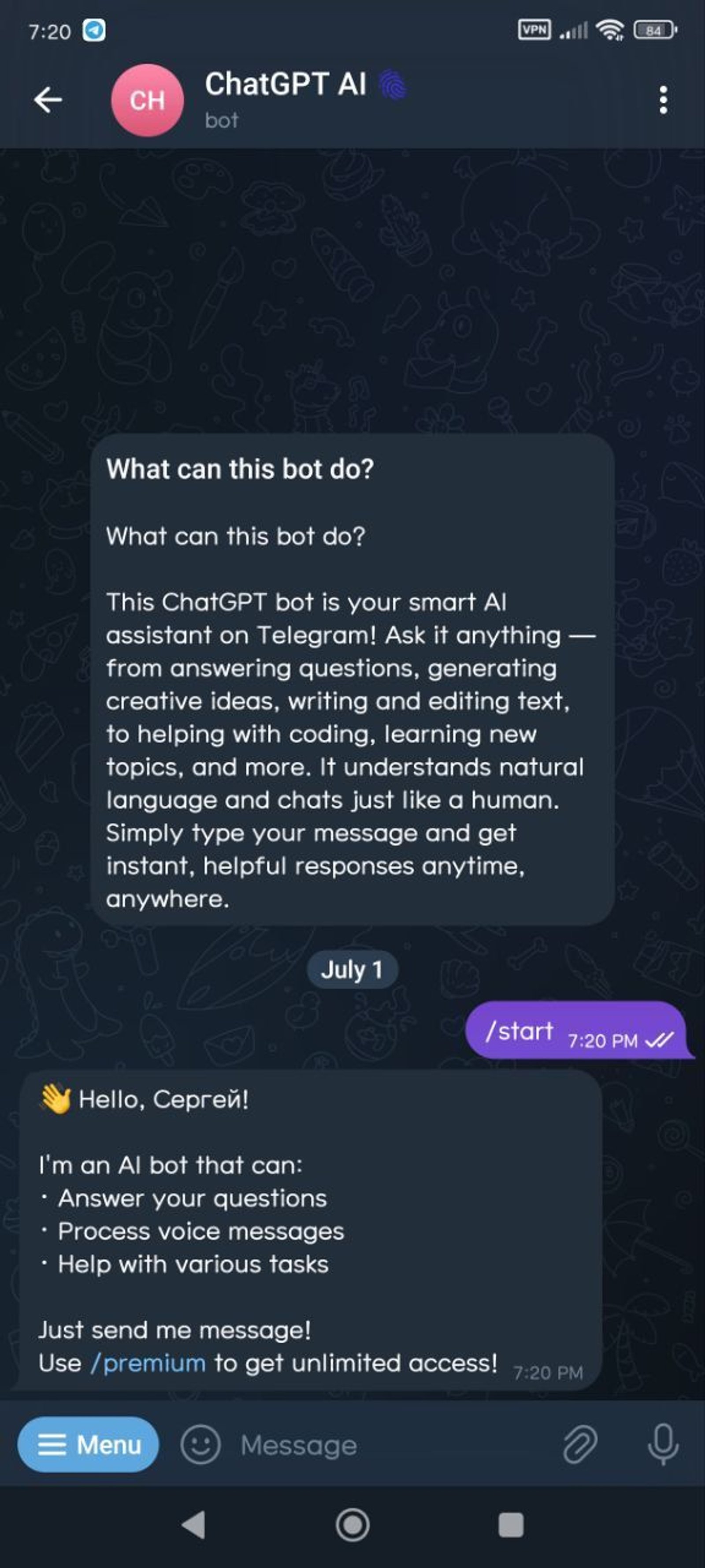 ChatGPT AI 🫆 Telegram Screenshot 2