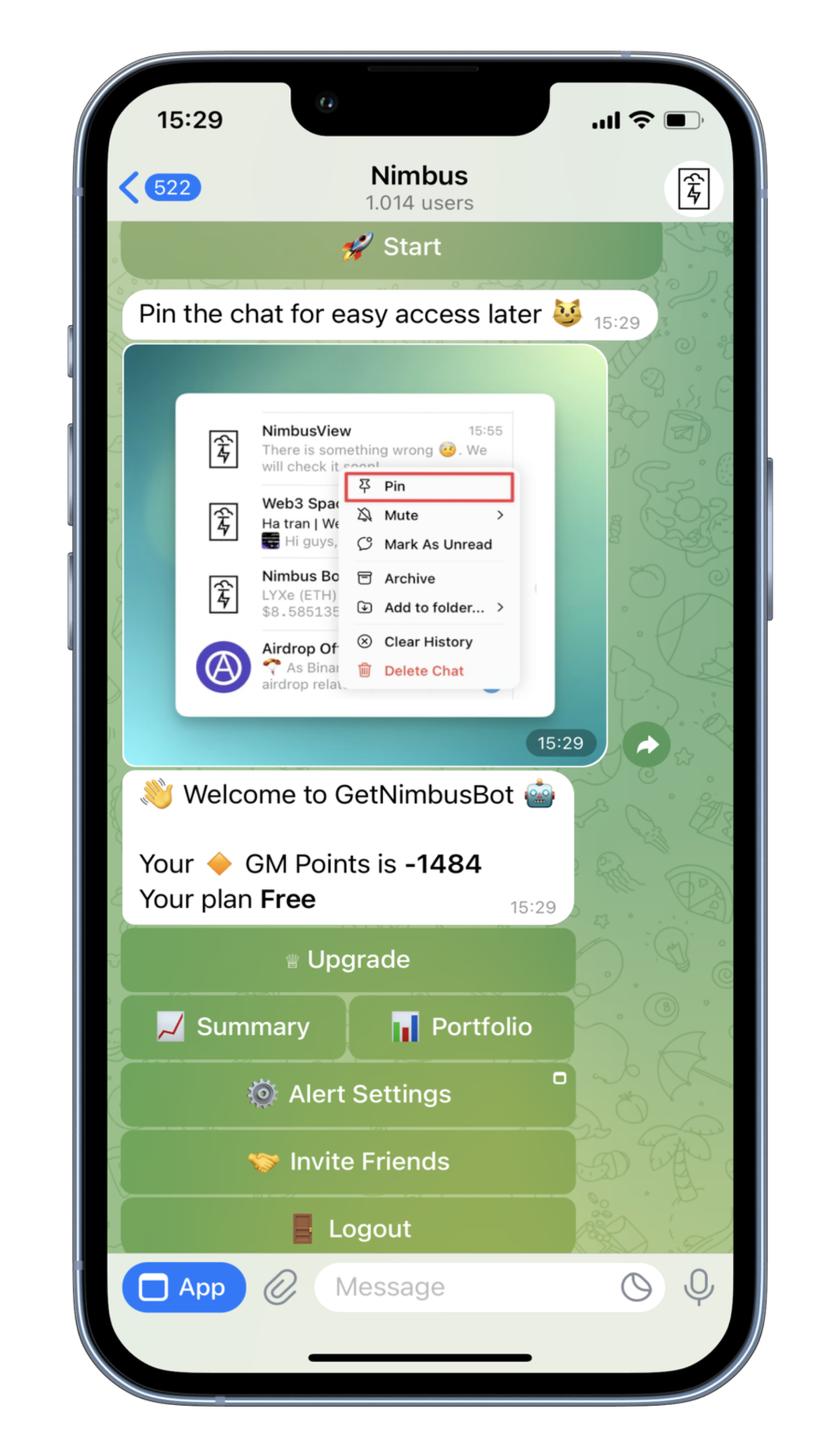 Nimbus API Telegram Screenshot 1