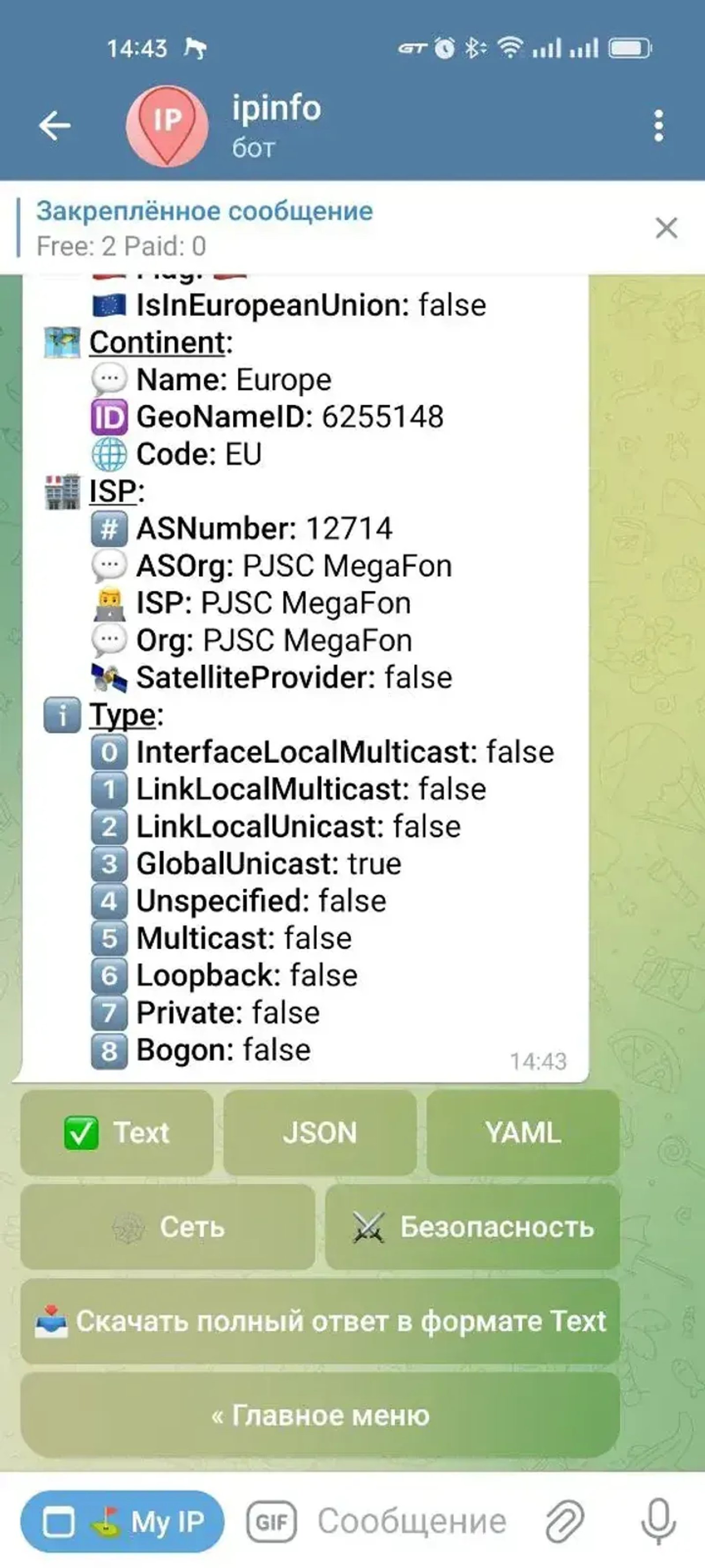 ipinfo в Телеграм — скриншот 1
