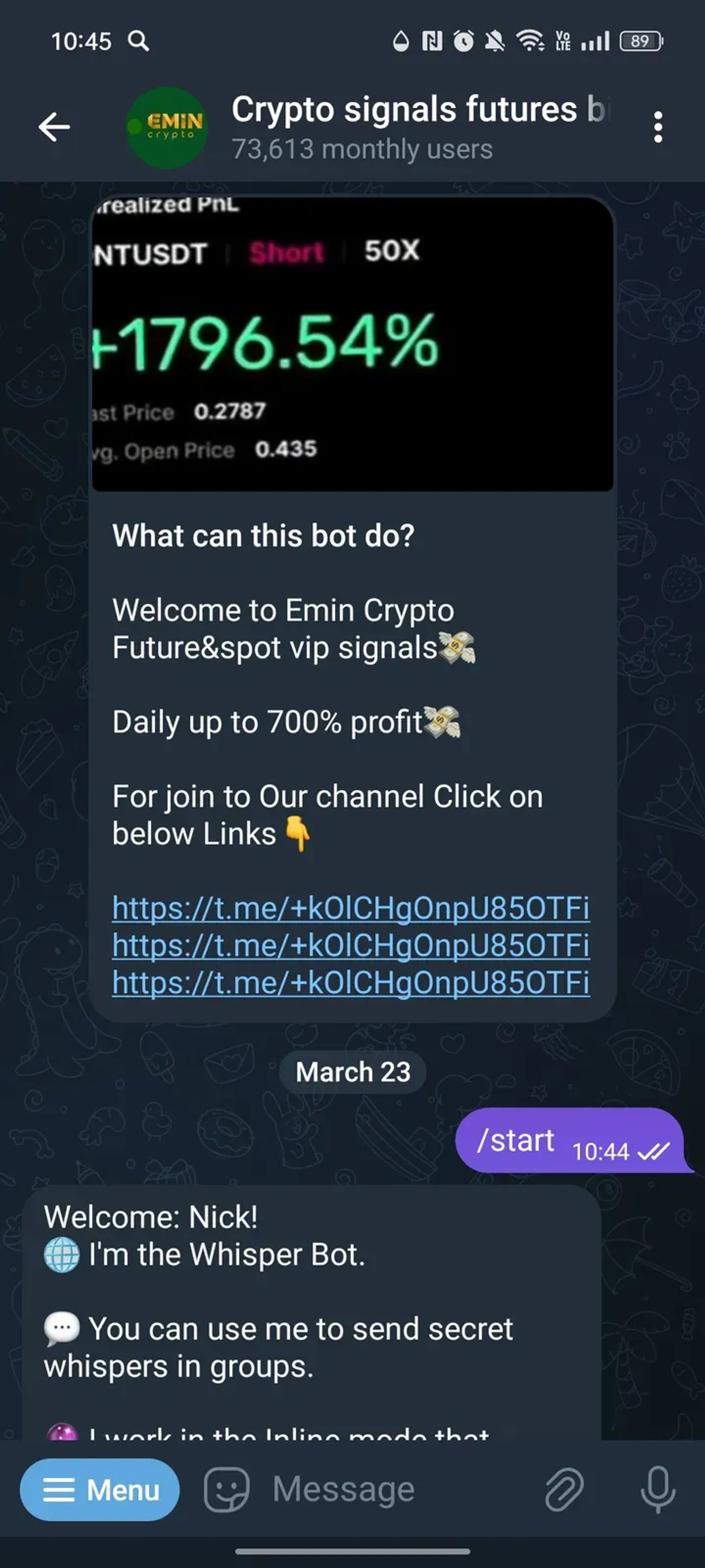 Crypto signals futures bitcoin в Телеграм — скриншот 1