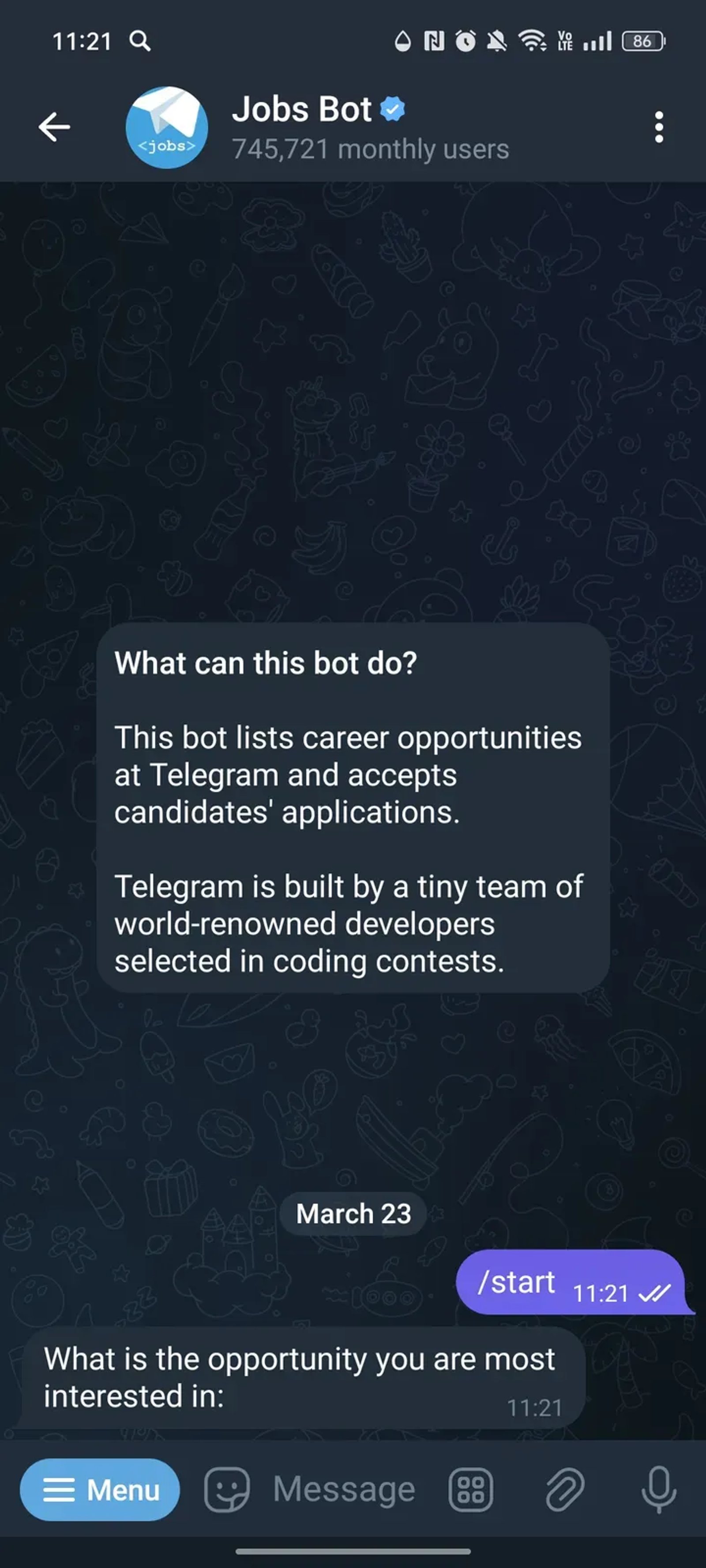 Jobs Bot в Телеграм — скриншот 1