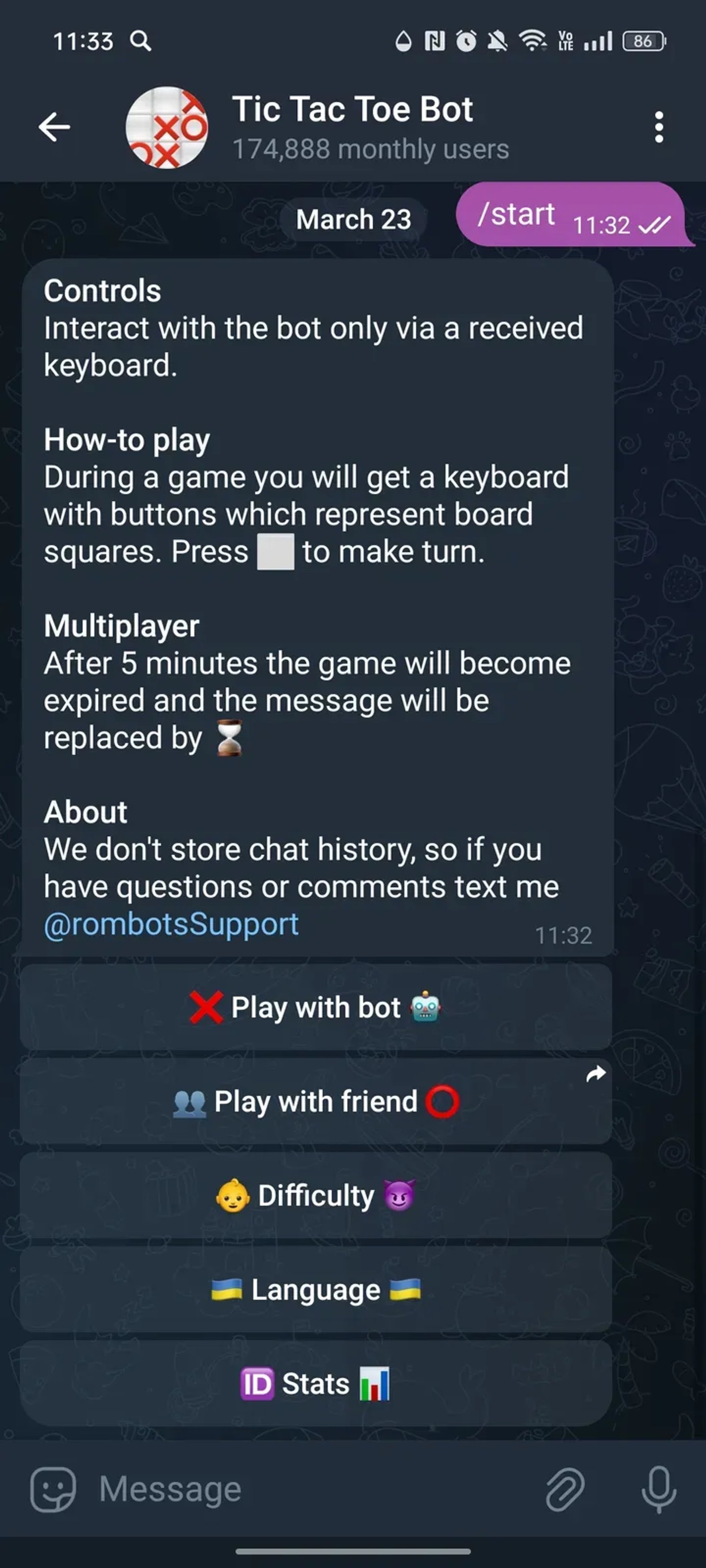 Tic Tac Toe Bot в Телеграм — скриншот 2
