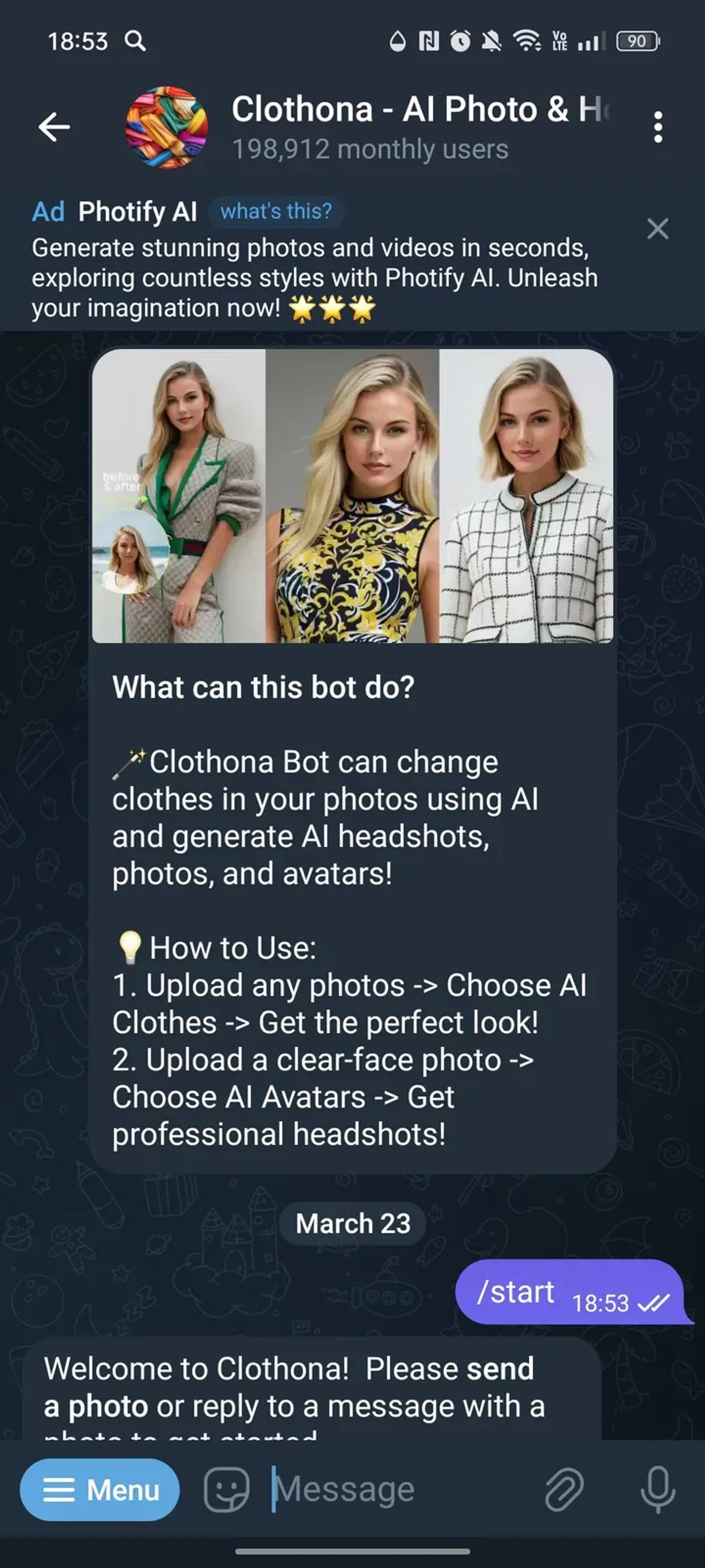 Clothona - AI Photo & Headshot Generator Telegram Screenshot 1