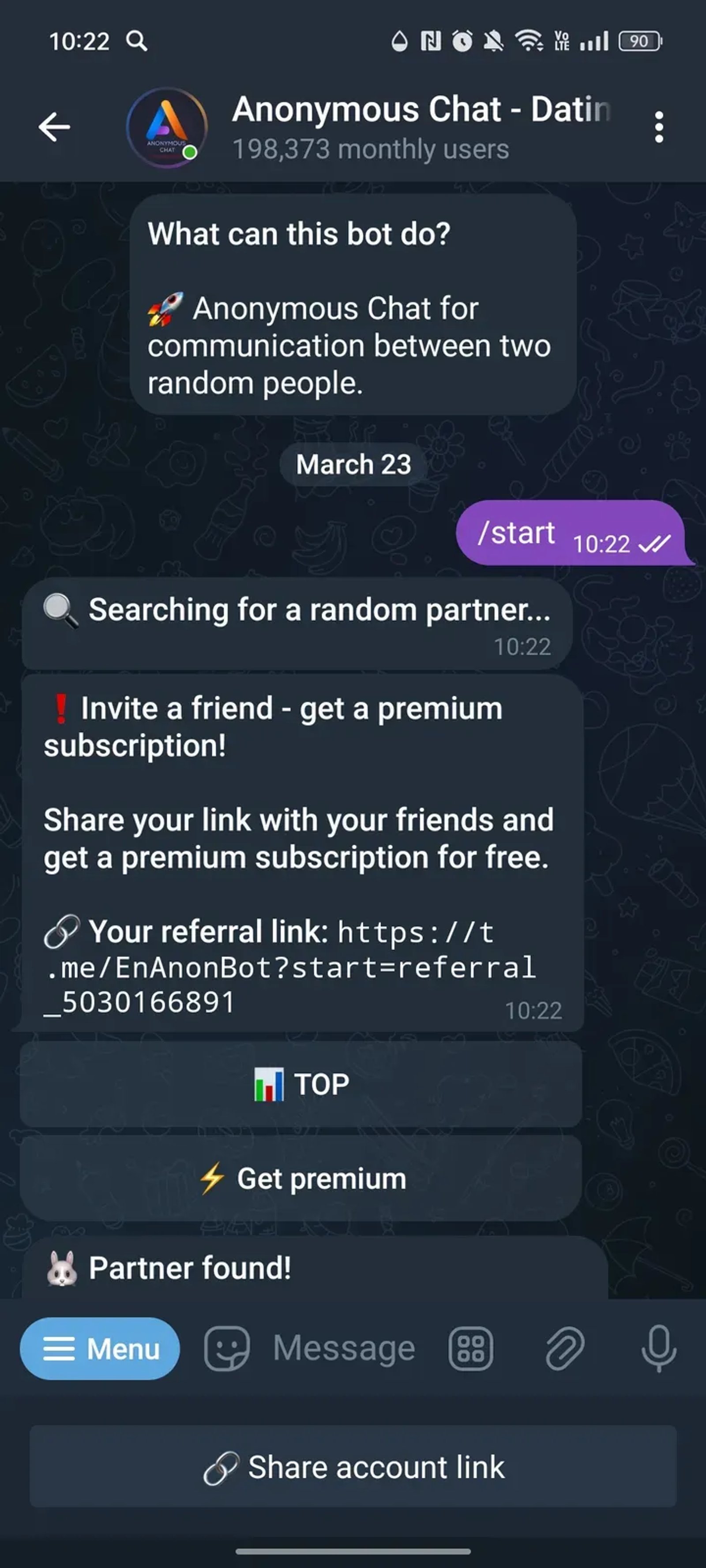 Anonymous Chat - Dating в Телеграм — скриншот 1