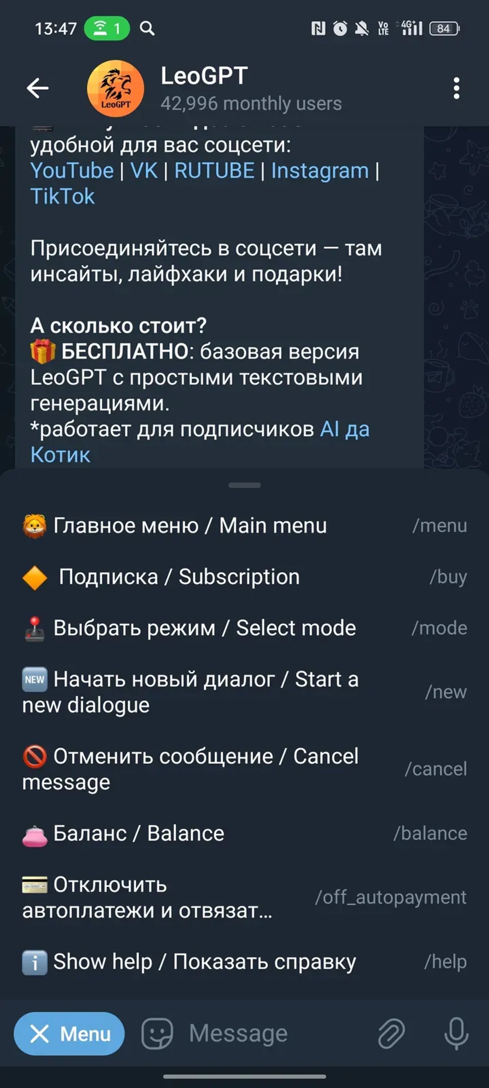 LeoGPT в Телеграм — скриншот 3