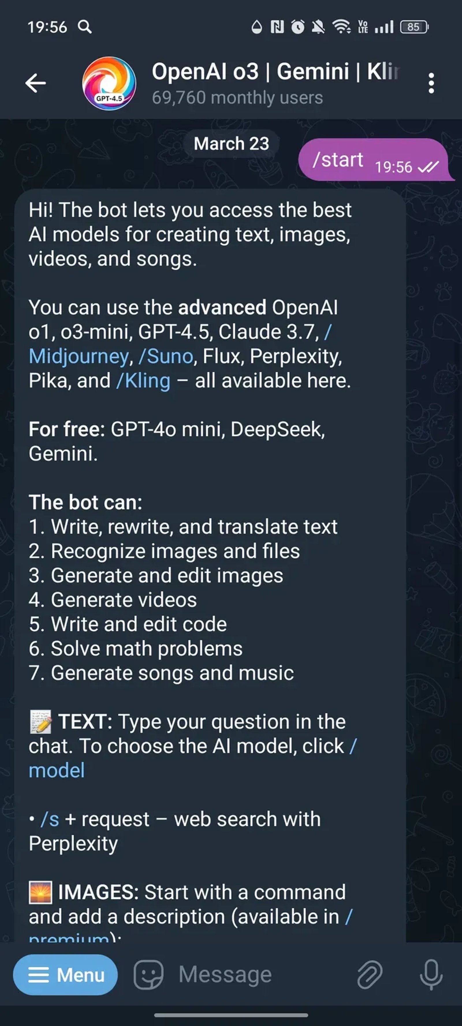OpenAI o3 | Gemini | Kling | Suno в Телеграм — скриншот 2