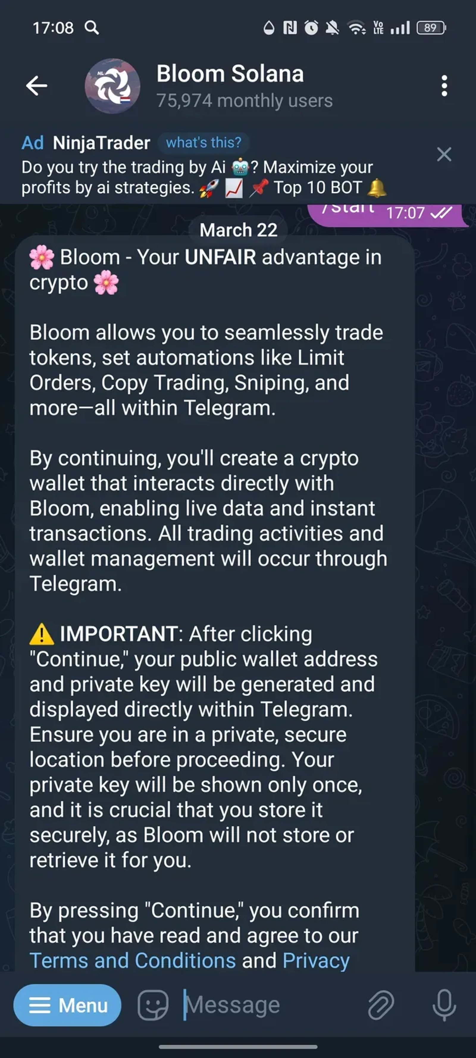 Bloom Solana в Телеграм — скриншот 2