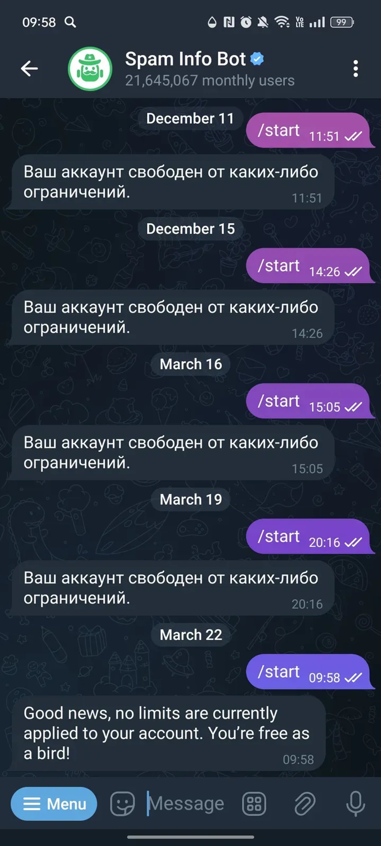 Spam Info Bot в Телеграм — скриншот 1