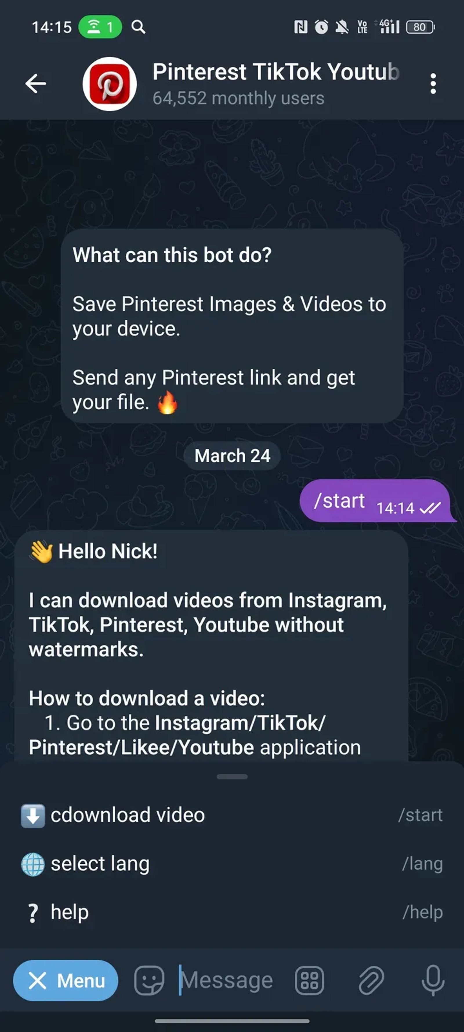 Pinterest TikTok Youtube downloader в Телеграм — скриншот 2