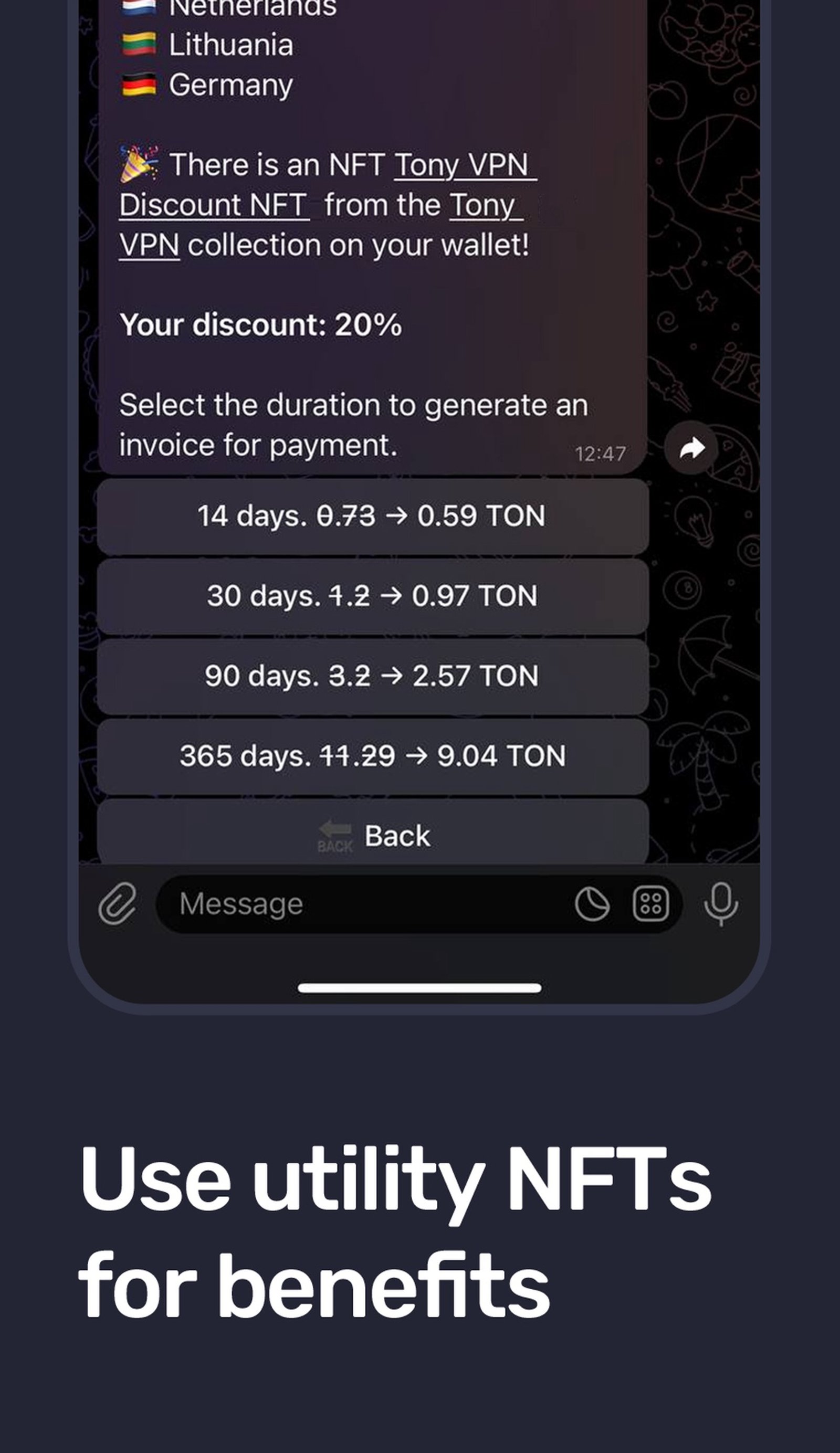 Tony VPN в Телеграм — скриншот 3