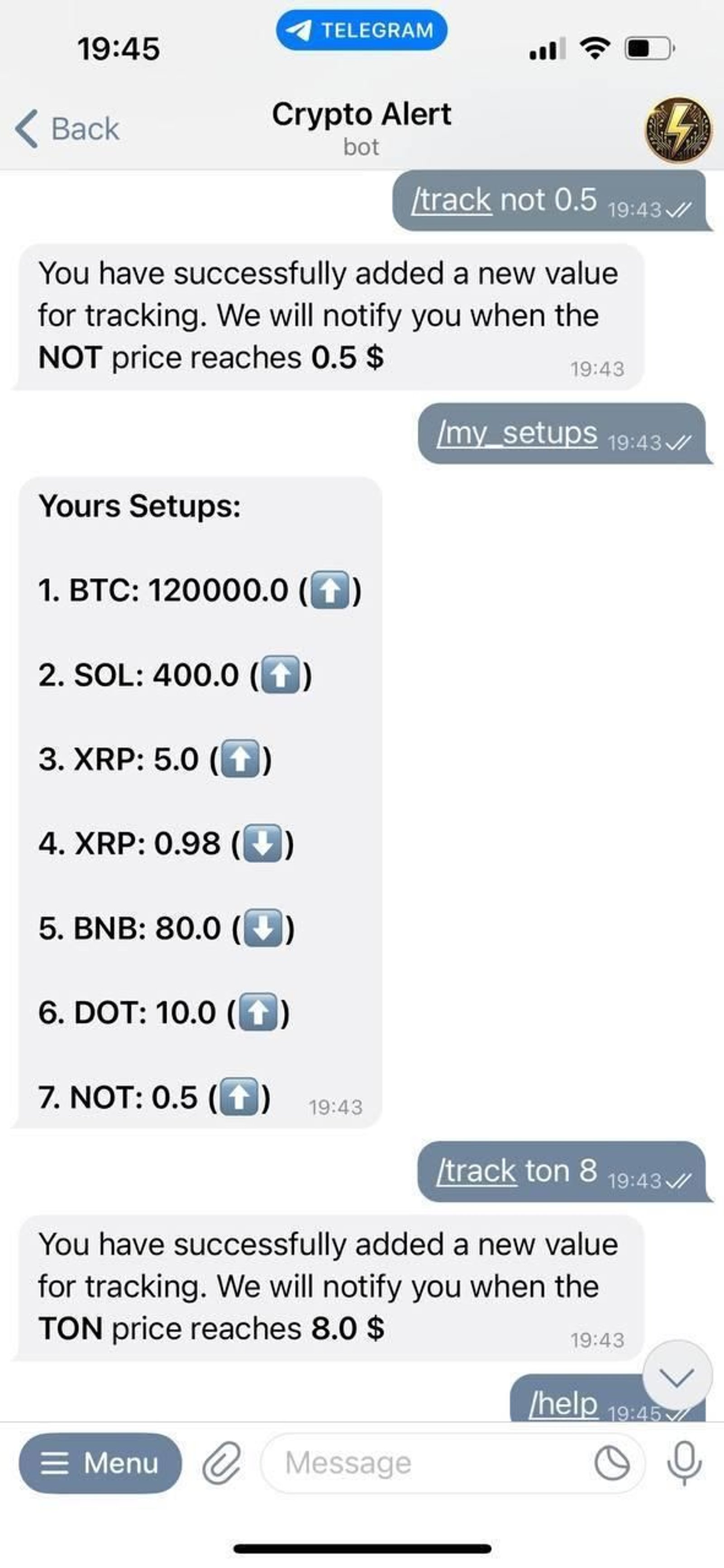 Crypto Alert в Телеграм — скриншот 1