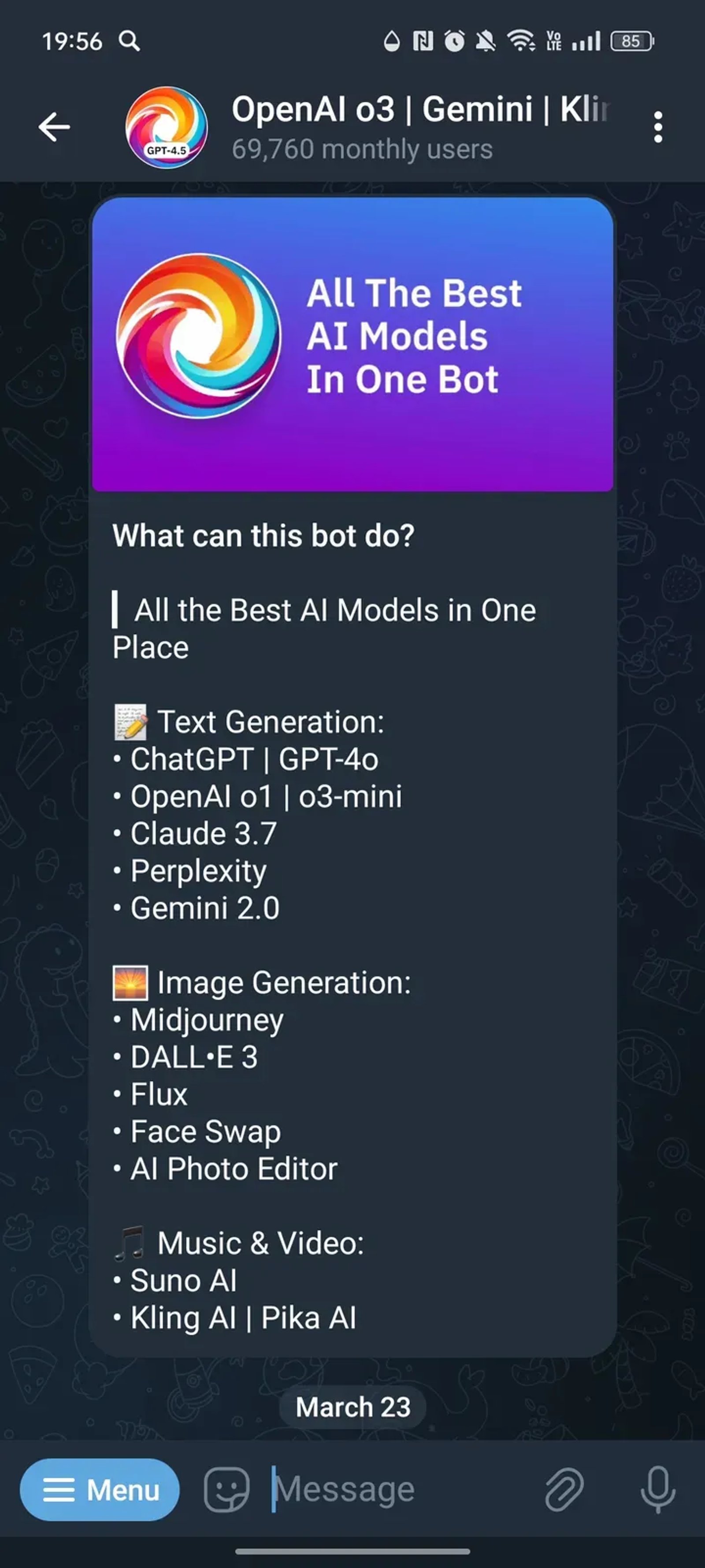 OpenAI o3 | Gemini | Kling | Suno в Телеграм — скриншот 1