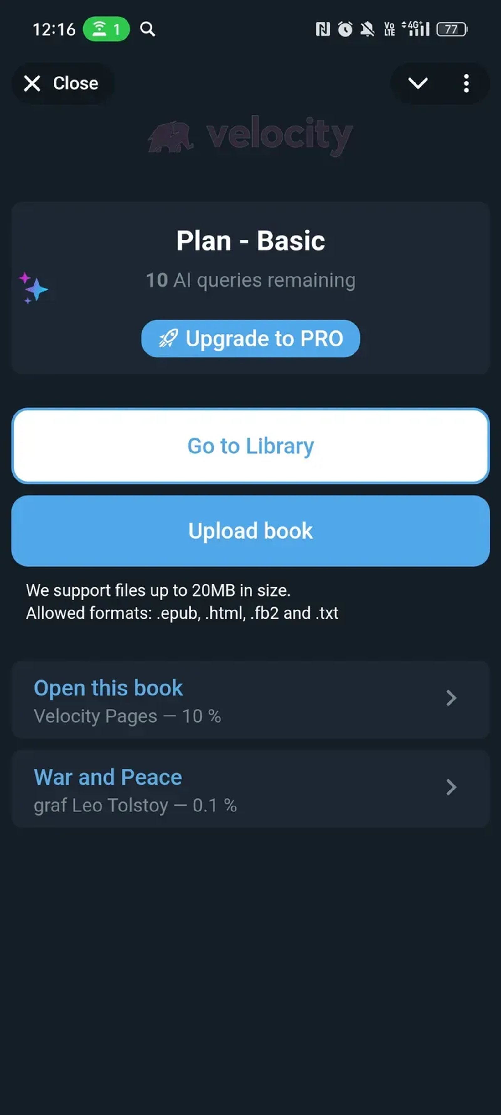 Velocity Pages - №1 AI ePUB, FB2, HTML and txt reader в Телеграм — скриншот 1