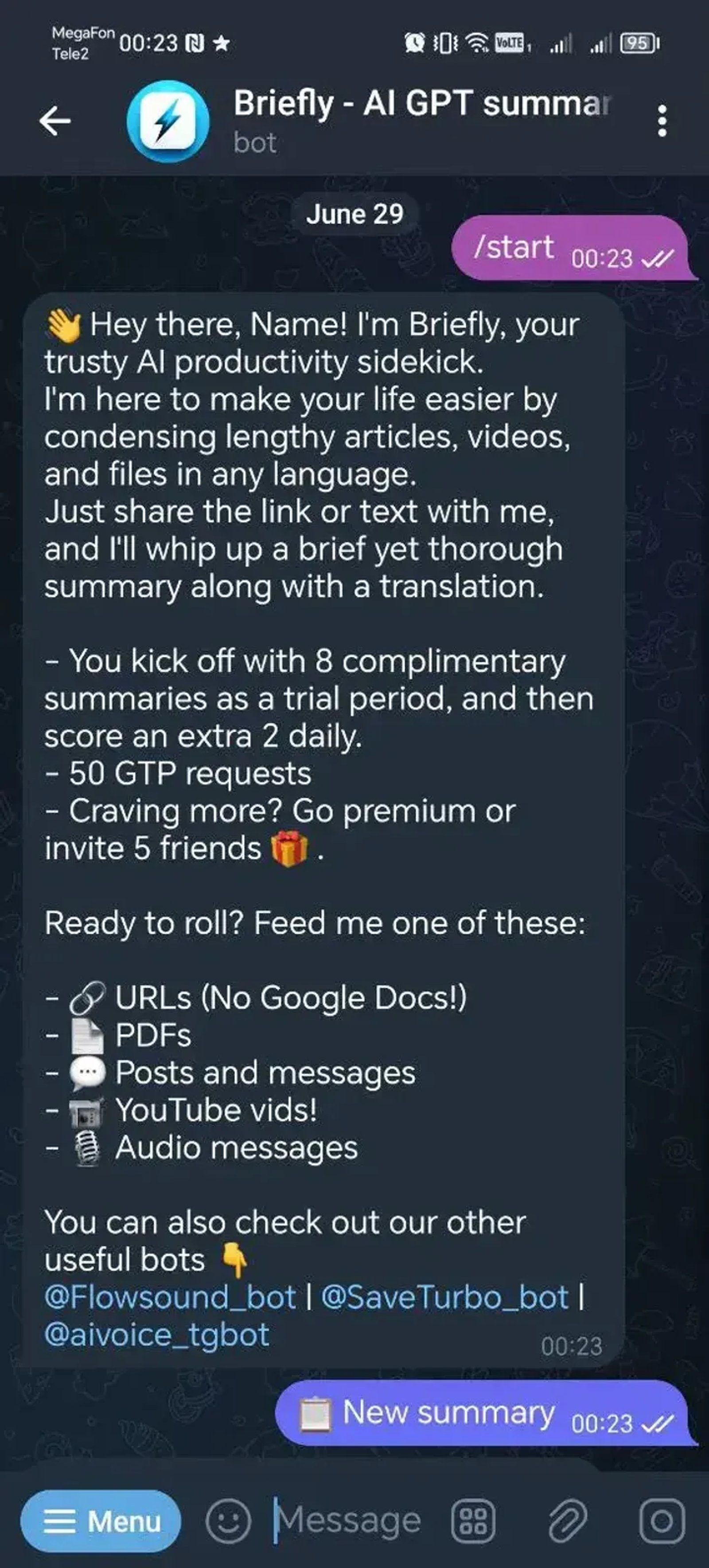 Briefly - AI GPT summary of any videos, PDFs, articles 📚 в Телеграм — скриншот 1