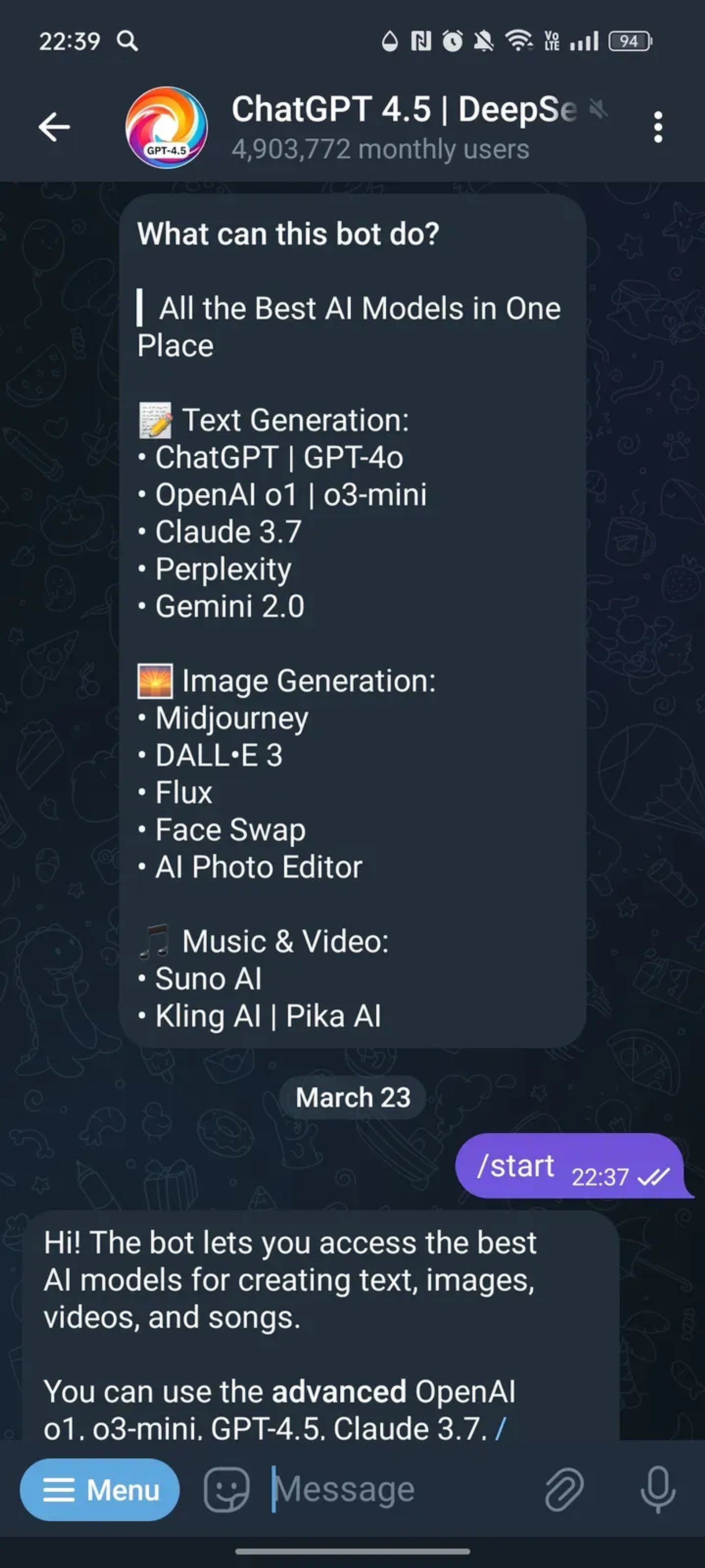 ChatGPT 4.5 | DeepSeek | Midjourney в Телеграм — скриншот 1