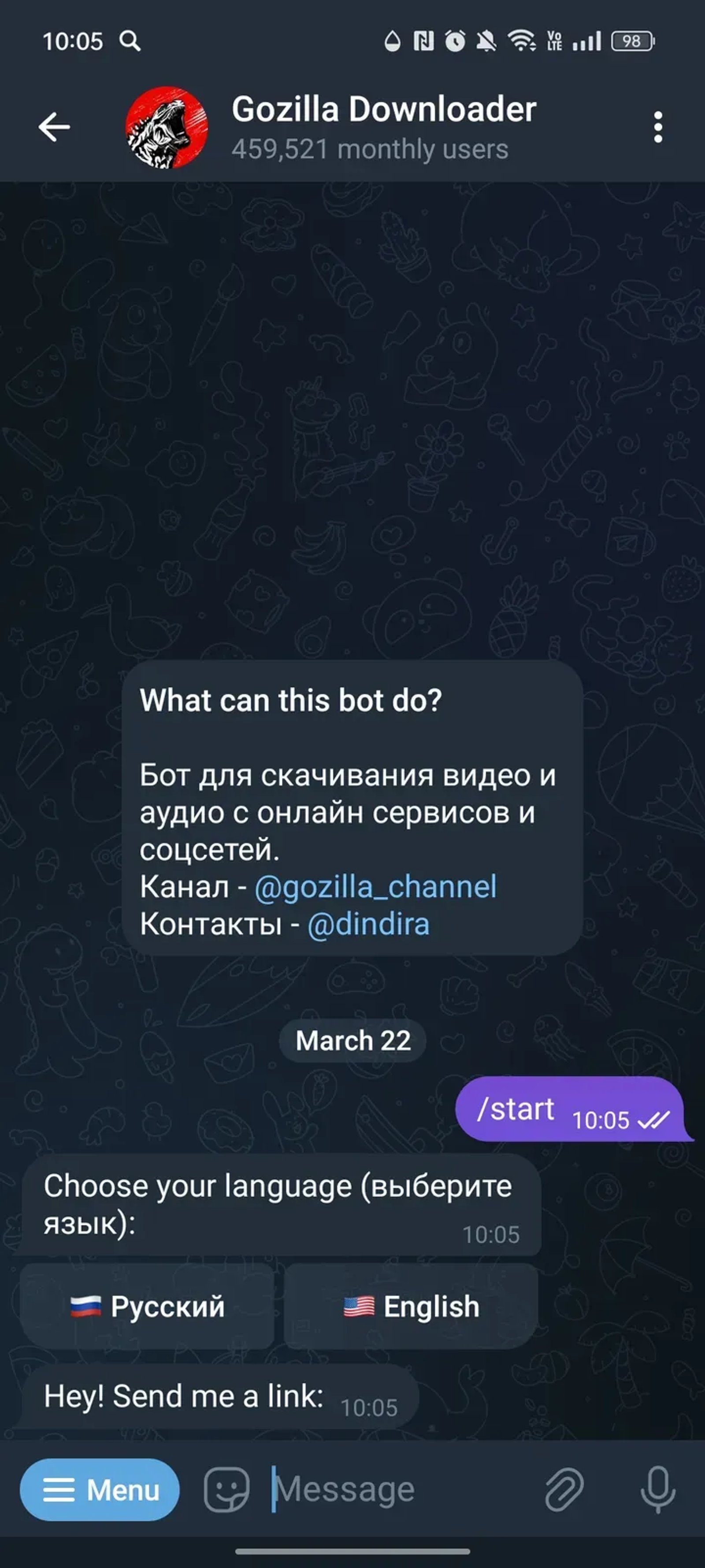 Gozilla Downloader в Телеграм — скриншот 1