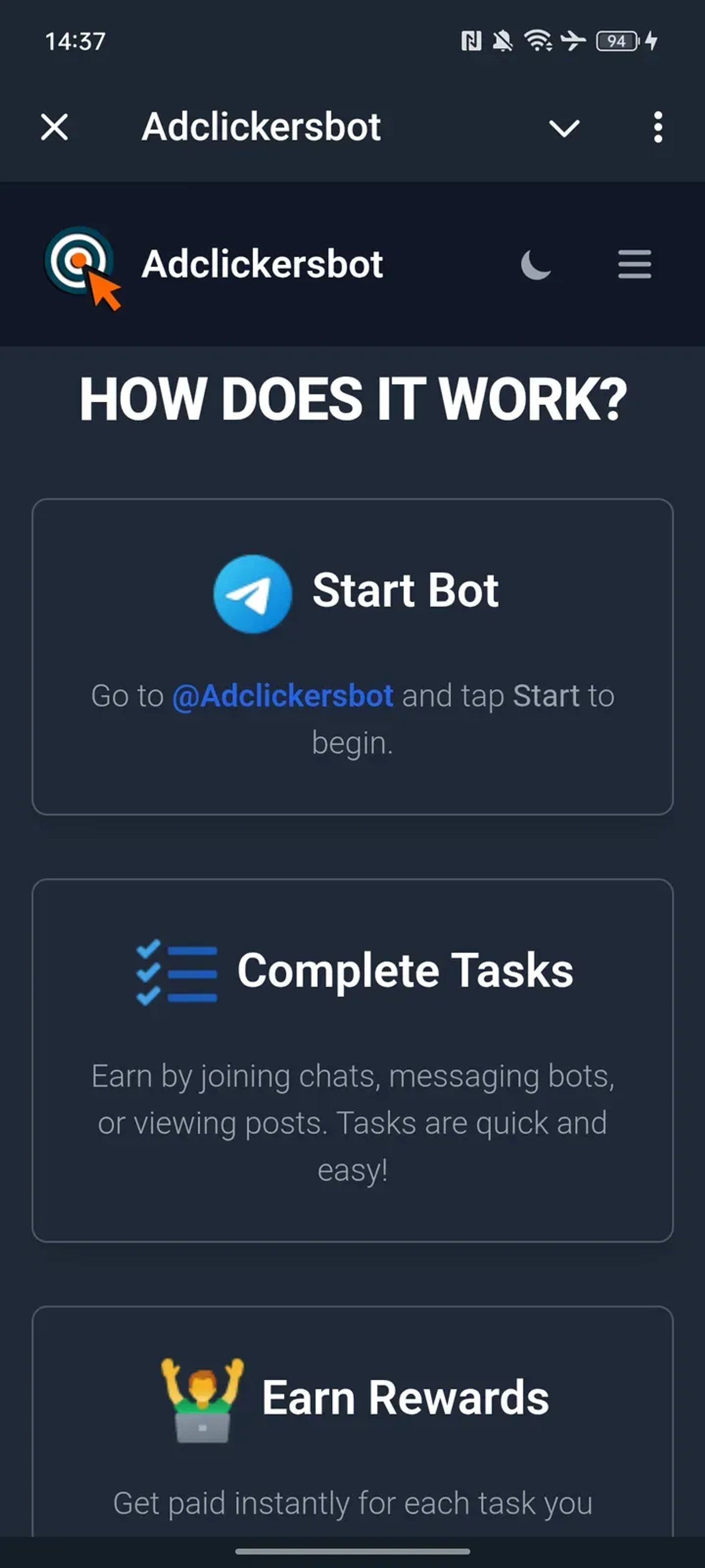 Adclickersbot в Телеграм — скриншот 4