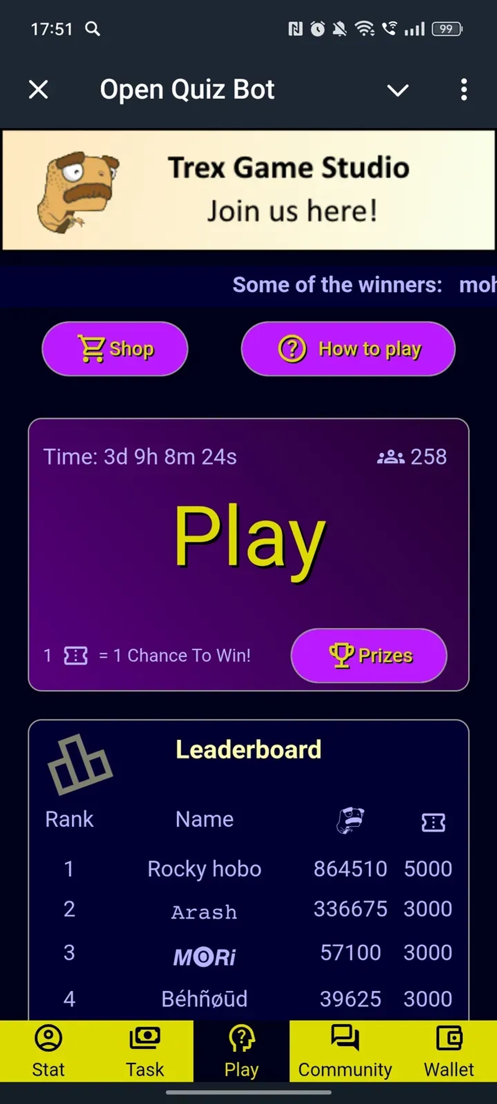 Open Quiz Bot в Телеграм — скриншот 1