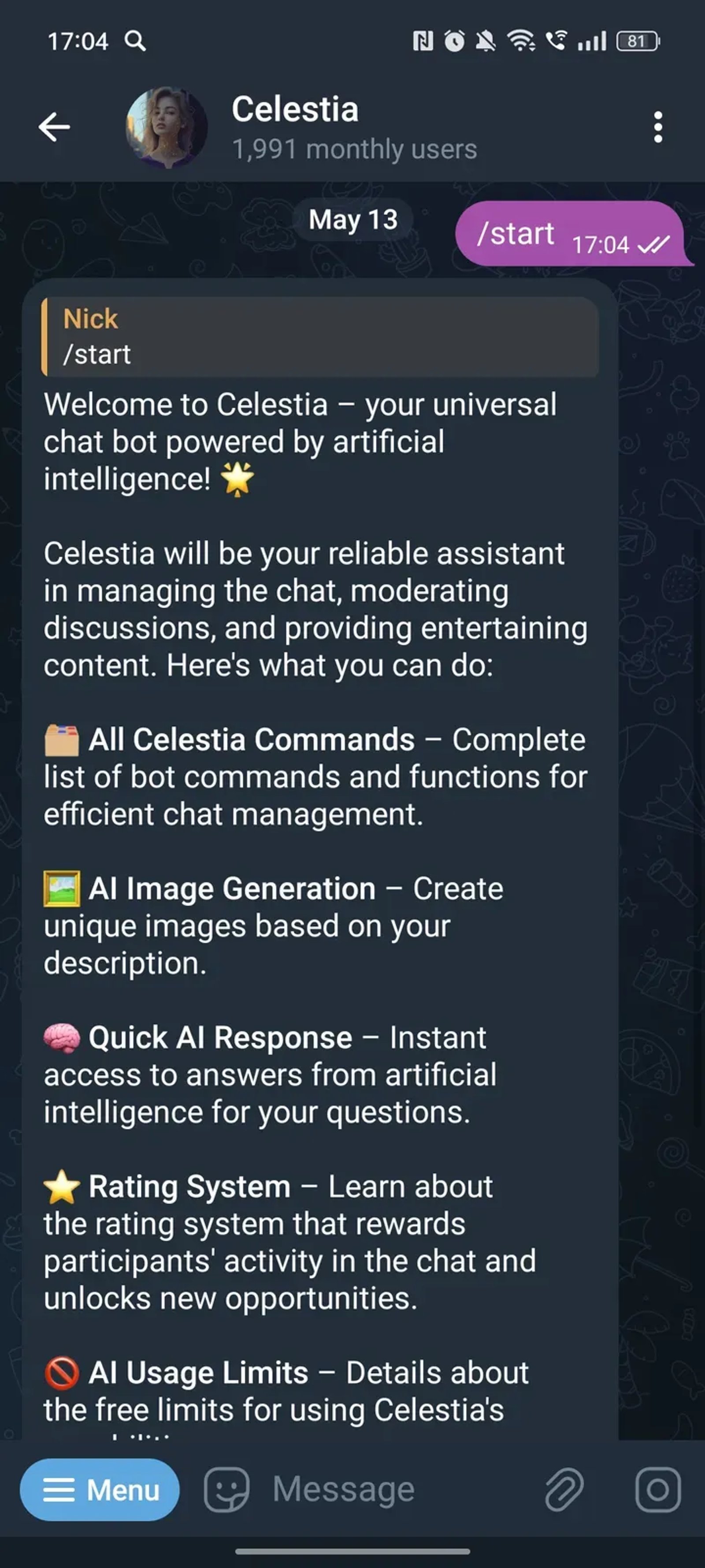 Celestia в Телеграм — скриншот 2